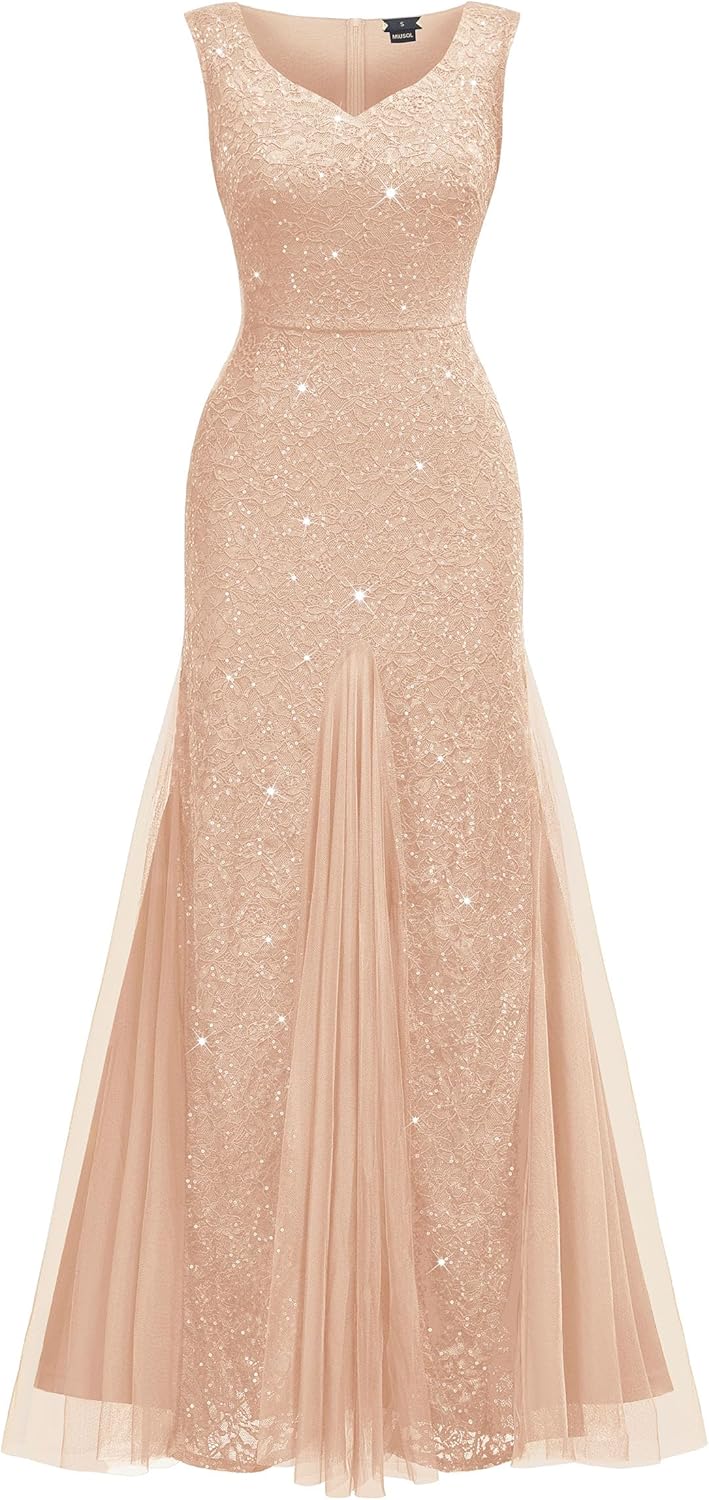 Miusol Women's Elegant V Neck Sleeveless Sequin Lace Evening Party Dress - Image 5