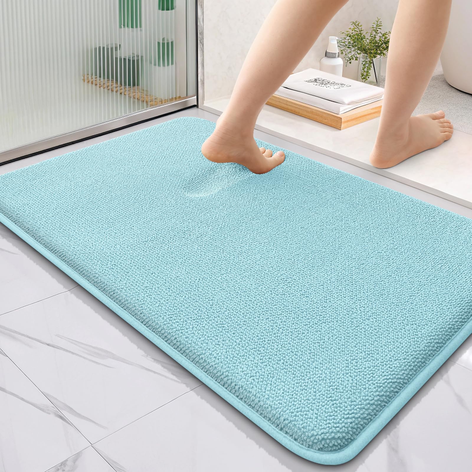 OLANLY Thick Memory Foam Bathroom Rugs 36x24, Absorbent Bath Mat, Sky Blue