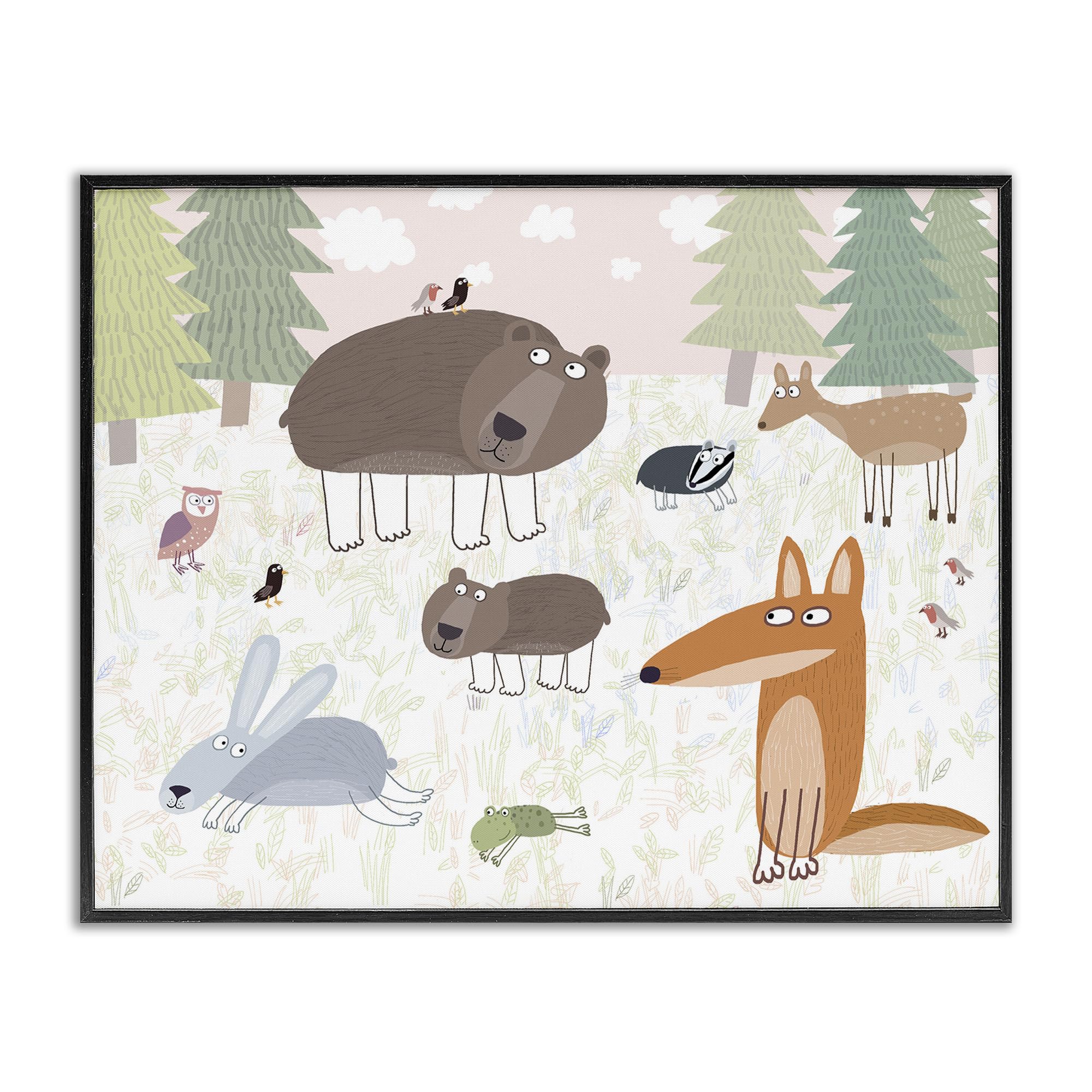 Stupell Industries Midnight Black (Textured) 'Forest Animals Out And About'| Framed Giclee Art