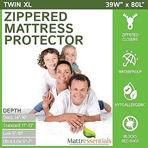 Zippered Twin XL Mattress Protector (11"-13" Depth) - Bed Bug Waterproof Mattress Cover, Premium Quality Hypoallergenic Encasement White