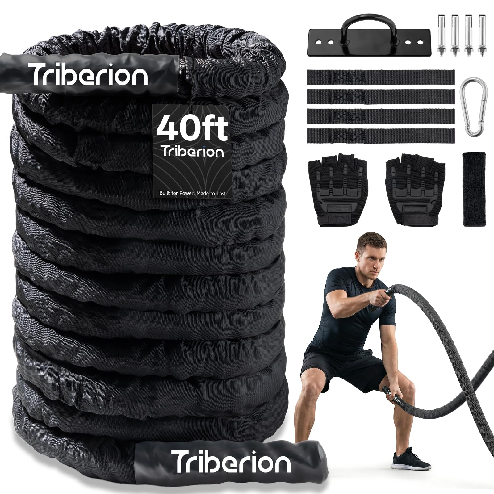 Photo 1 of Battle Rope for Home Gym Workout - 1.5 Inch 40ft Heavy Weighted Training Exercise Ropes Fitness Equipment with Sleeve and Anchor Strap Kit for Outdoor Working Out