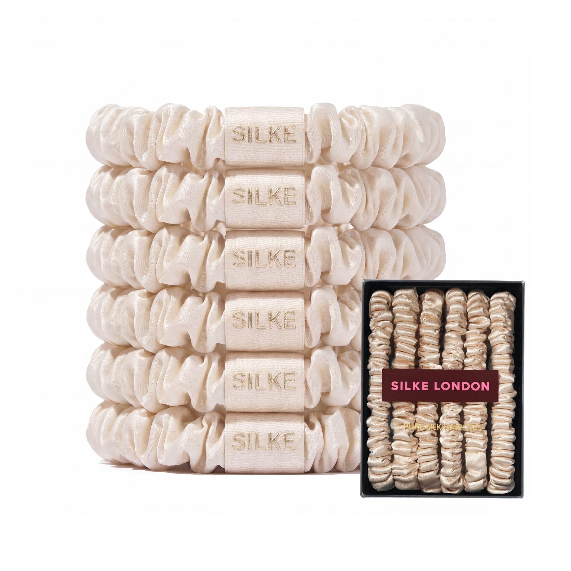 SILKE - Cintas para el cabello, coco, 100 % seda de lujo para el cabello, paquete de 6, lazos de seda para el cabello, sin daños, coleteros para mujeres, para todo tipo de cabello y estilos