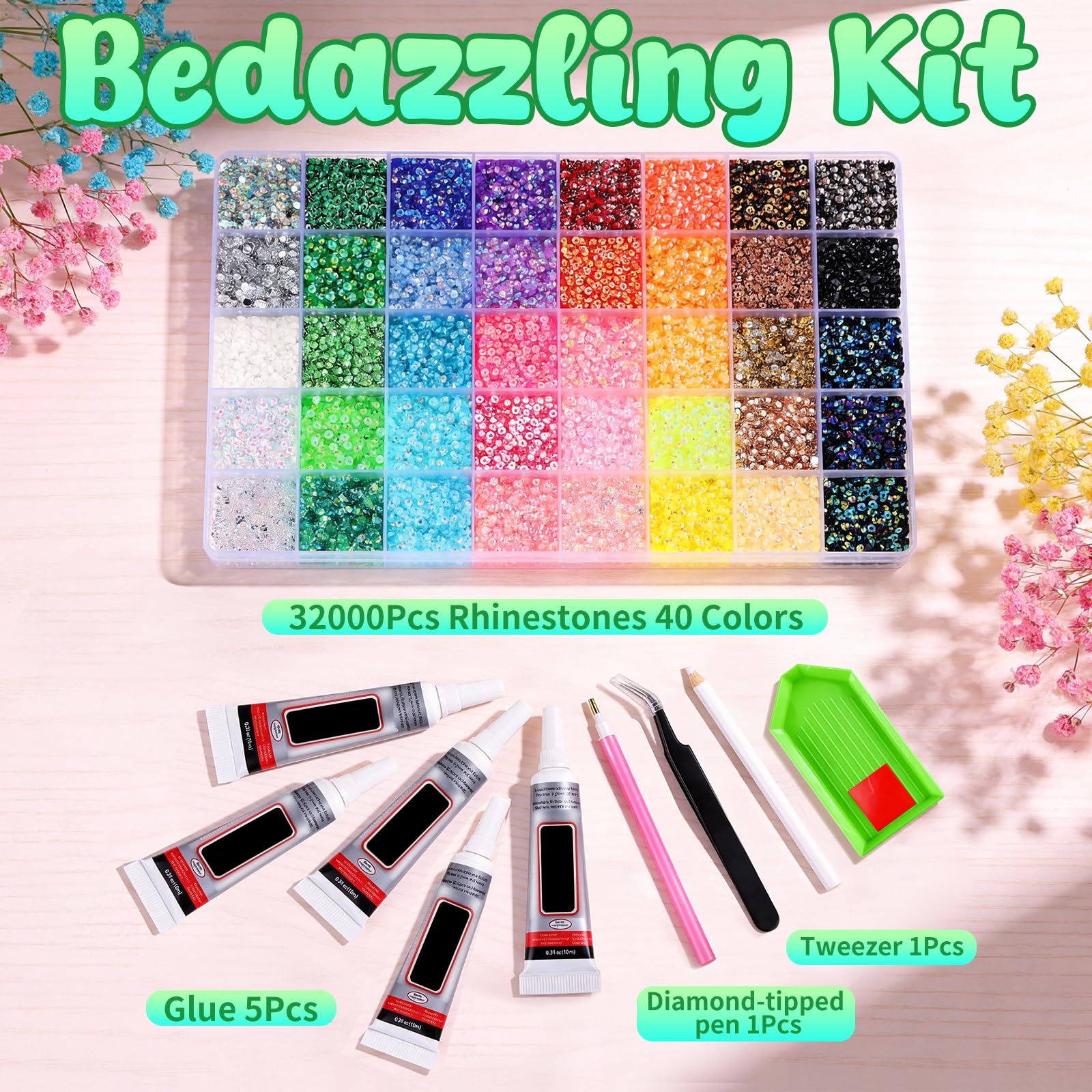 32000Pcs 3mm Rhinestones for Bedazzling, 40Colors Bedazzling Kit, with 5 Tubes of Glue, Bedazzled Kit for Nail Crafts Shoes Clothes DIY Decoration — view 2