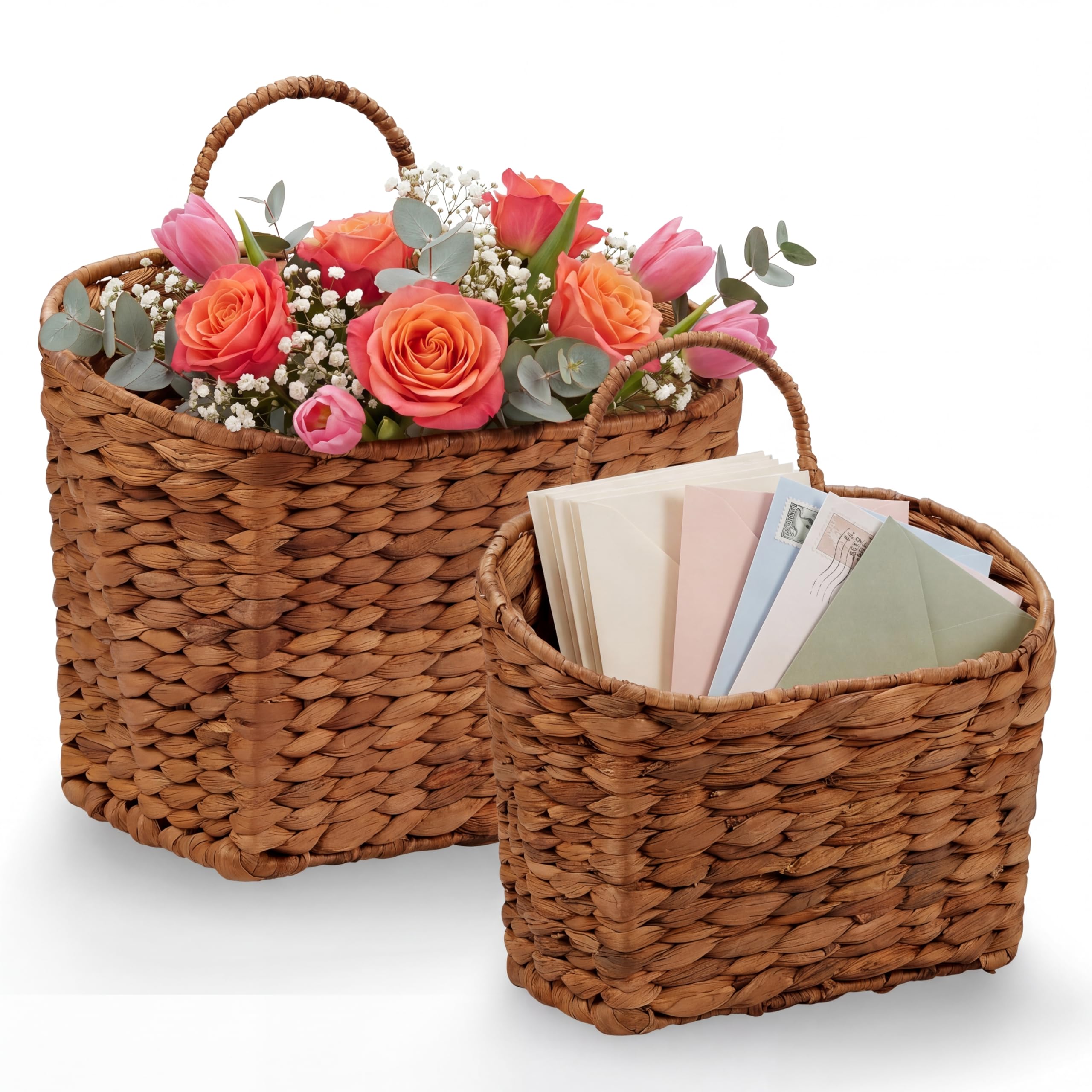 Set of 2 Red Brown Wicker Hanging Baskets for Front Door, Mail, Flowers & Organizing