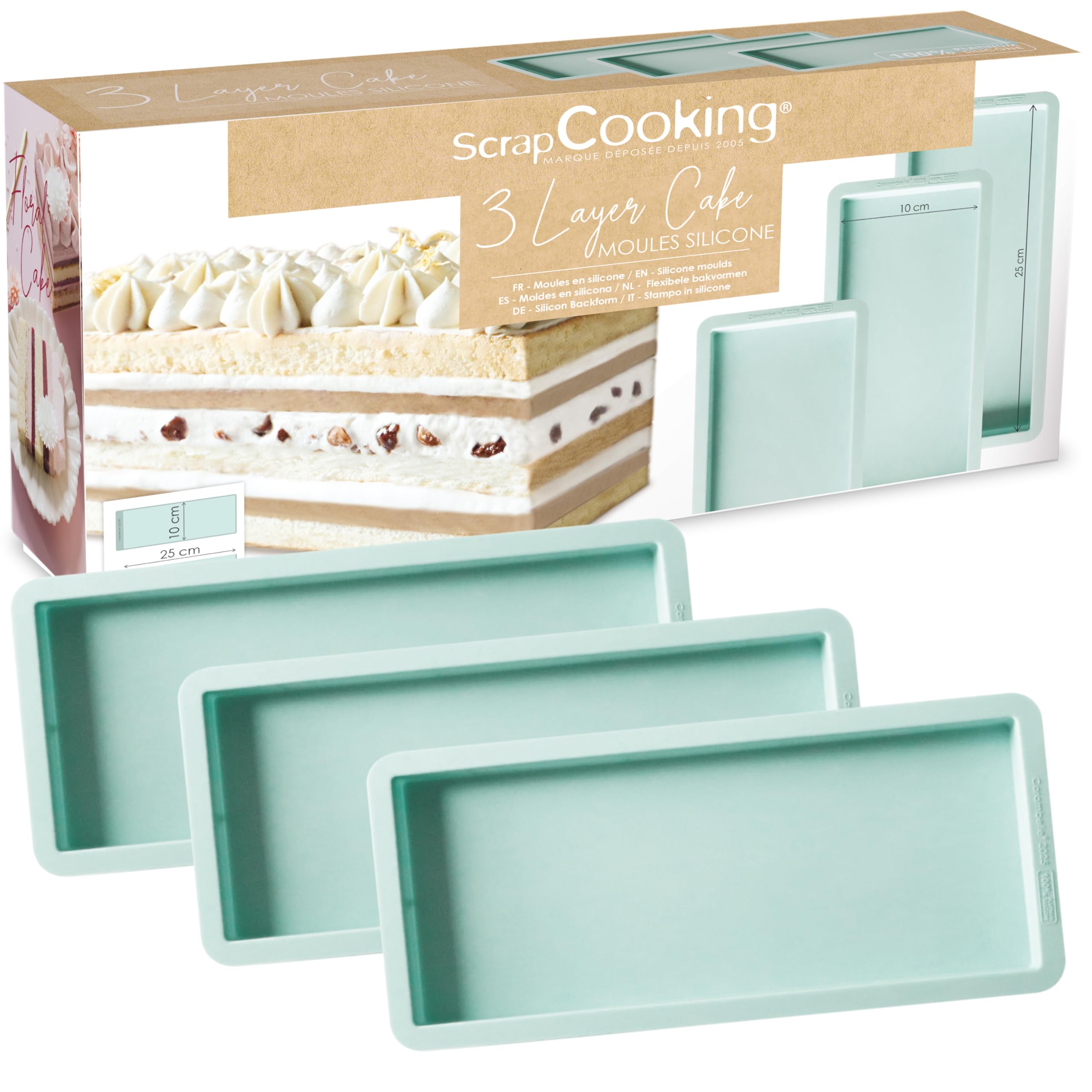 ScrapCooking - 3 Moules à Layer Cake Rectangulaires - Pour Bûches de Noël & Cakes - Silicone 25 x 10 cm - Gâteau à Étages, Rainbow Cakes, Gâteaux Anniversaire - Pâtisserie Professionnel - 2976