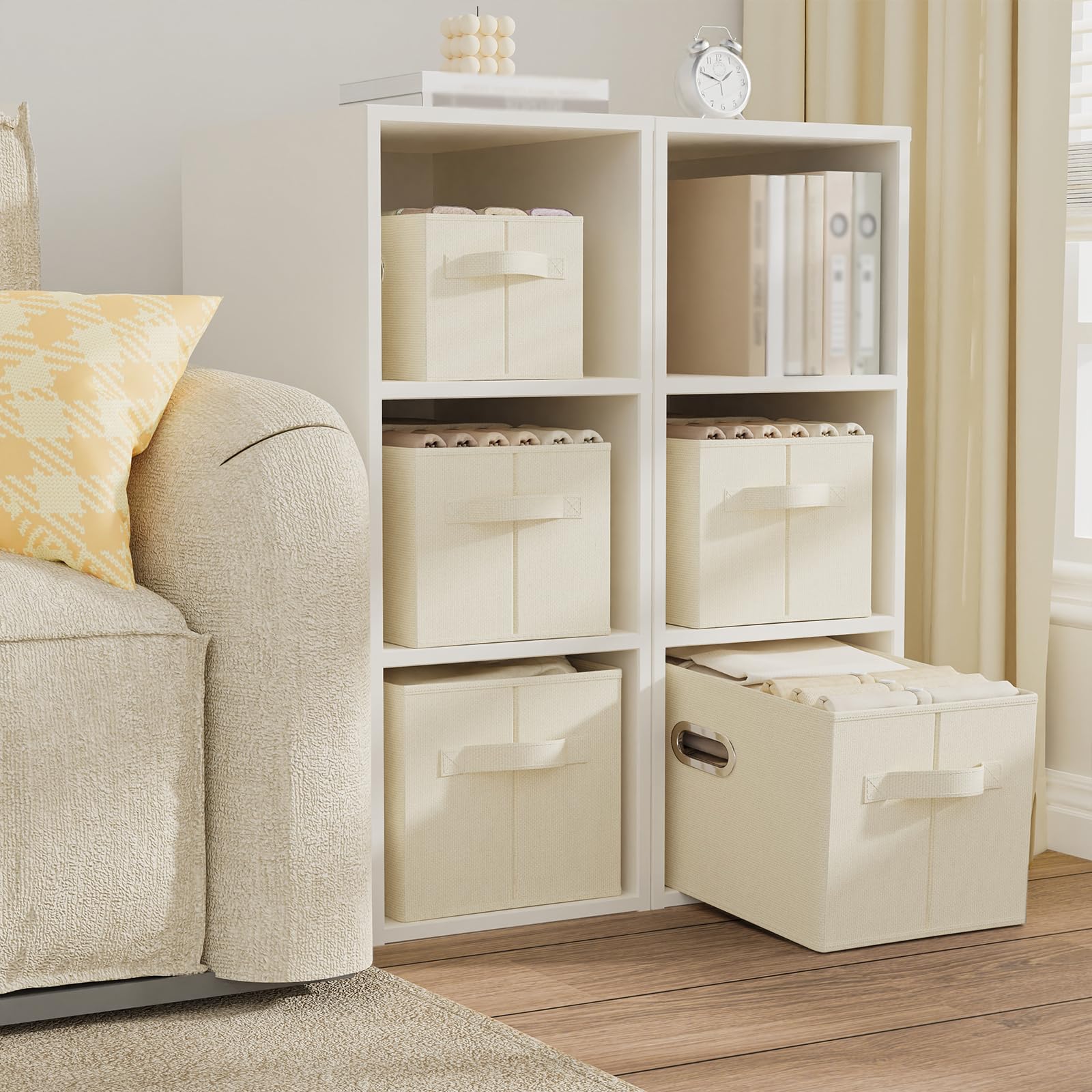 Scatole di Stoccaggio con Maniglia, Organizer Armadio Aperto, Cesto Portaoggetti in Tessuto Pieghevole, Adatto per Camere da Letto, Soggiorni, Sale Studio, Set di 2, 33x23x20cm, Beige