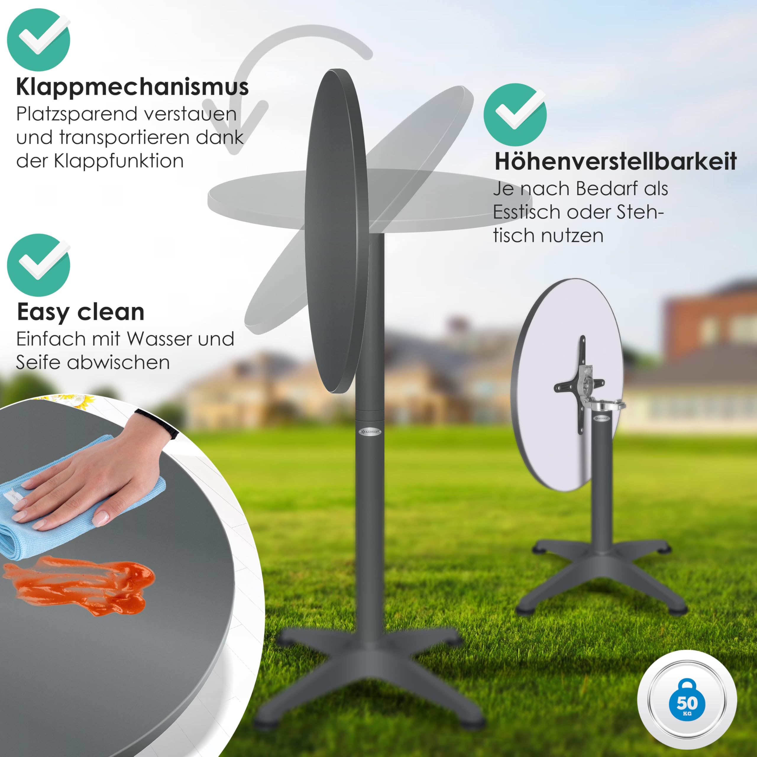 KESSER Table de bistrot pliable 2 en 1 - Plateau aluminium acier inoxydable - Hauteur réglable 70/115 cm - Ø 80 cm - Intérieur extérieur