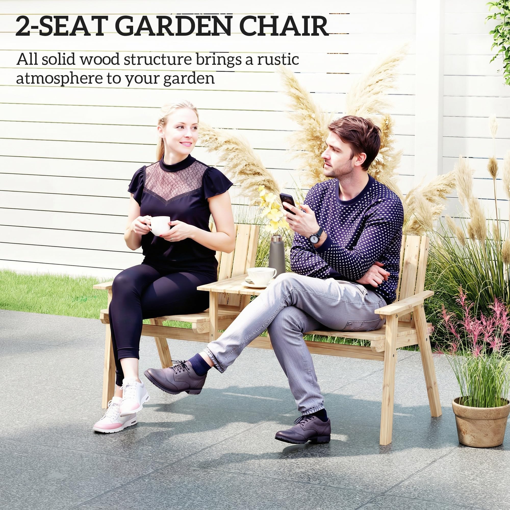 Outsunny Wooden Garden Loveseat, 2-Seater Garden Chair with Table & Parasol Hole, Outdoor Bench for Porch Patio, Natural Wood Finish - Image 3