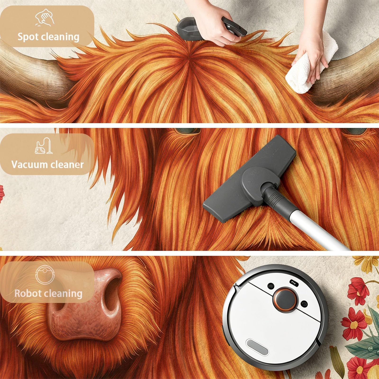 Tapis pour Chambre Animal Champêtre 120 x 180 cm, Tapis Antidérapant Vache Highlands Tournesol Baies Modèle, Poils Courts Doux Lavable Moquette Décoration pour Salon Chambre Cuisine et Couloir
