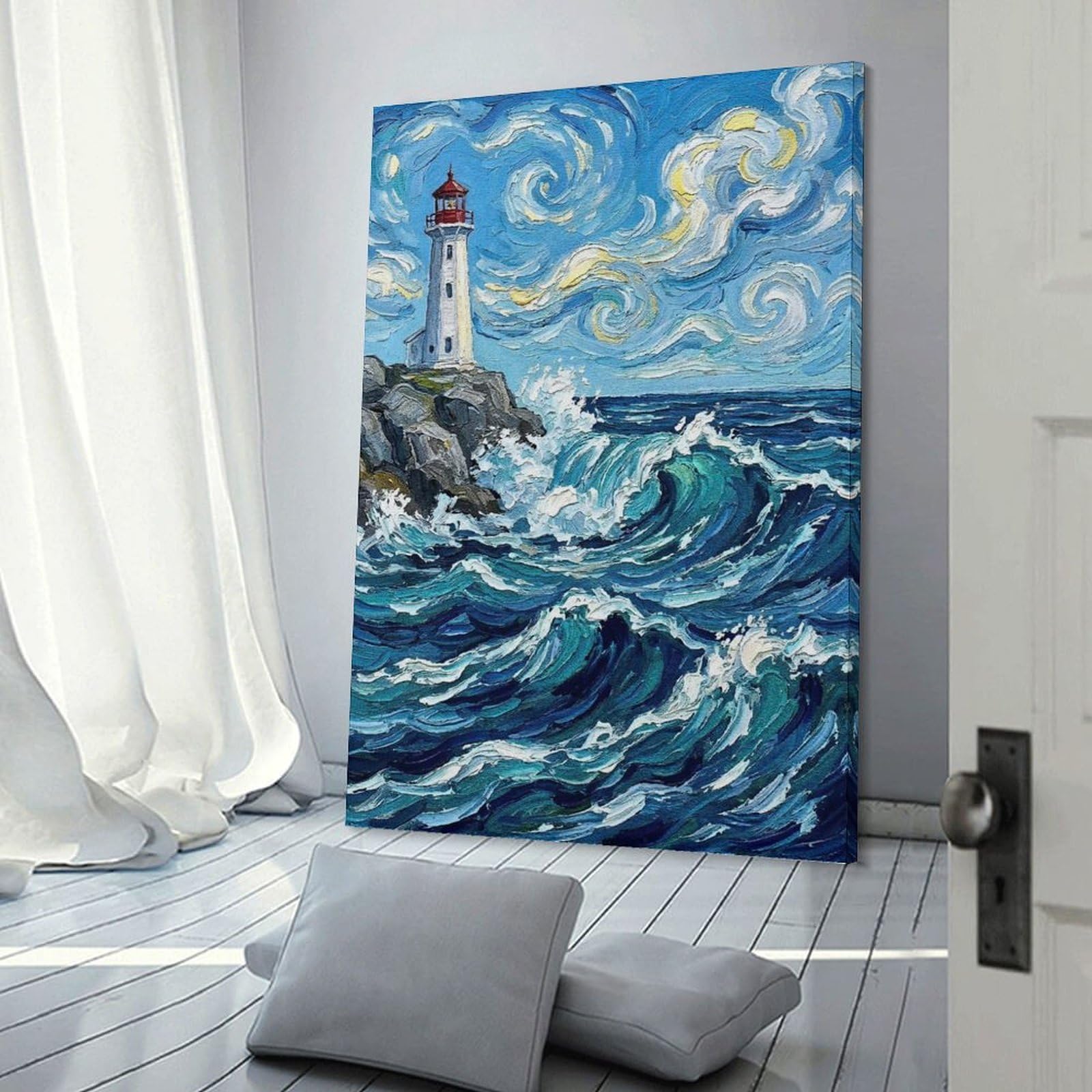 Junmoney Lighthouse And Ocean Waves Painting Wall Decor Canvas Print, 20x30inch(50x75cm), for Bedroom, Lounge Or Dressing Area, Decorative Wall Art for Cosy Rooms