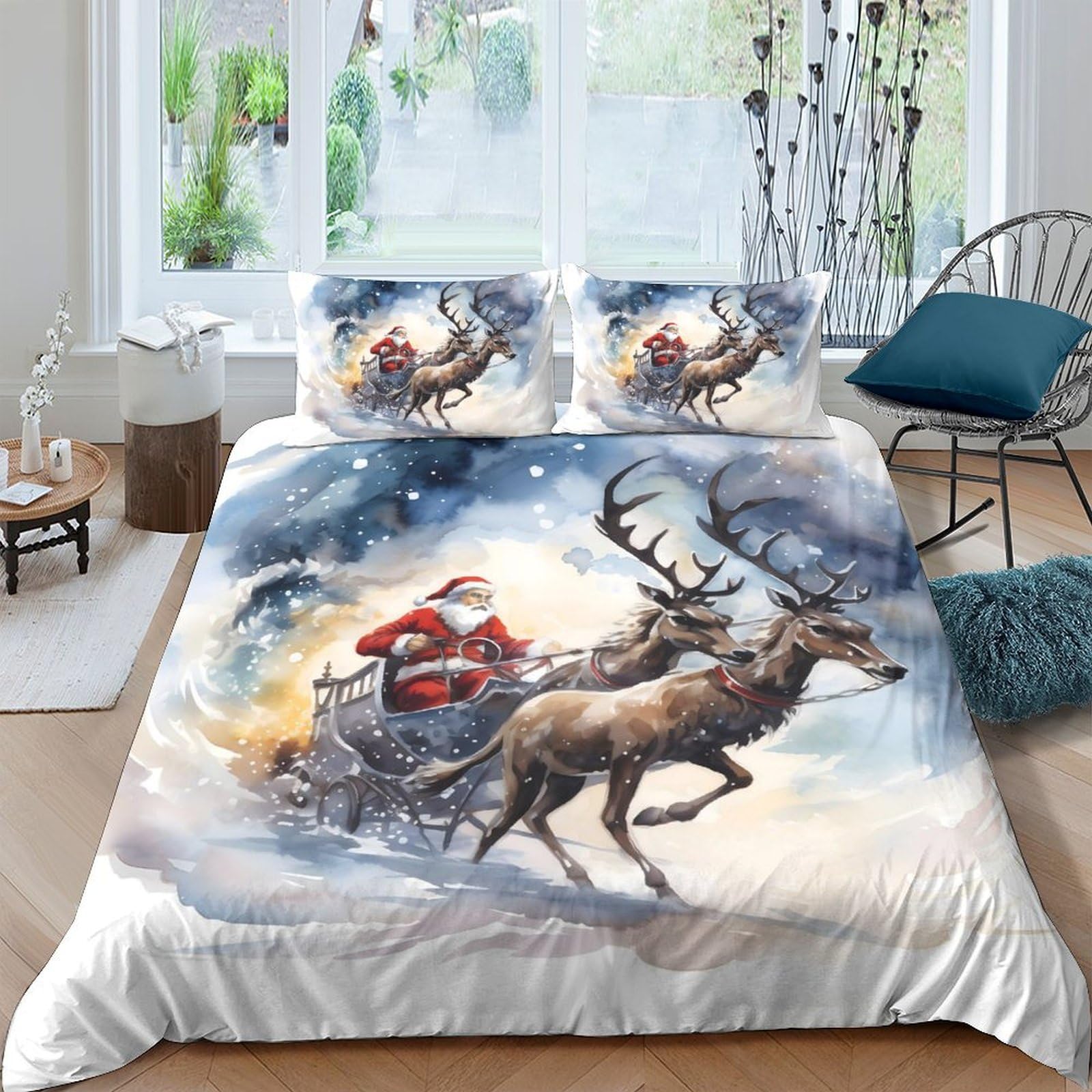 Ctjqhvkz Style-3 3D Printed Christmas Reindeer Fitted Sheet Microfiber Santa Sleigh Bed Cover For Bedroom Guest Room Dorm Mattress Decor Single（135X200cm）