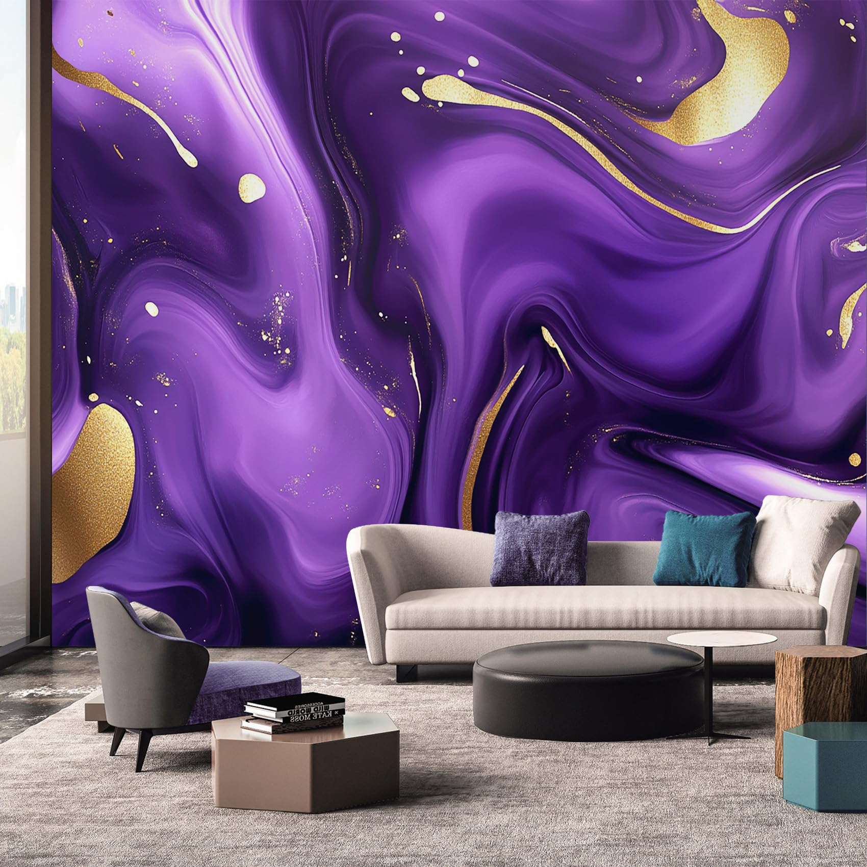 Marble Wallpaper - Purple Gold Marble Swirl Wall Mural - Wall Murals for Living Room Bedroom - Photo Wallpaper & Home Decor Art - 150 x 105 cm A-3398