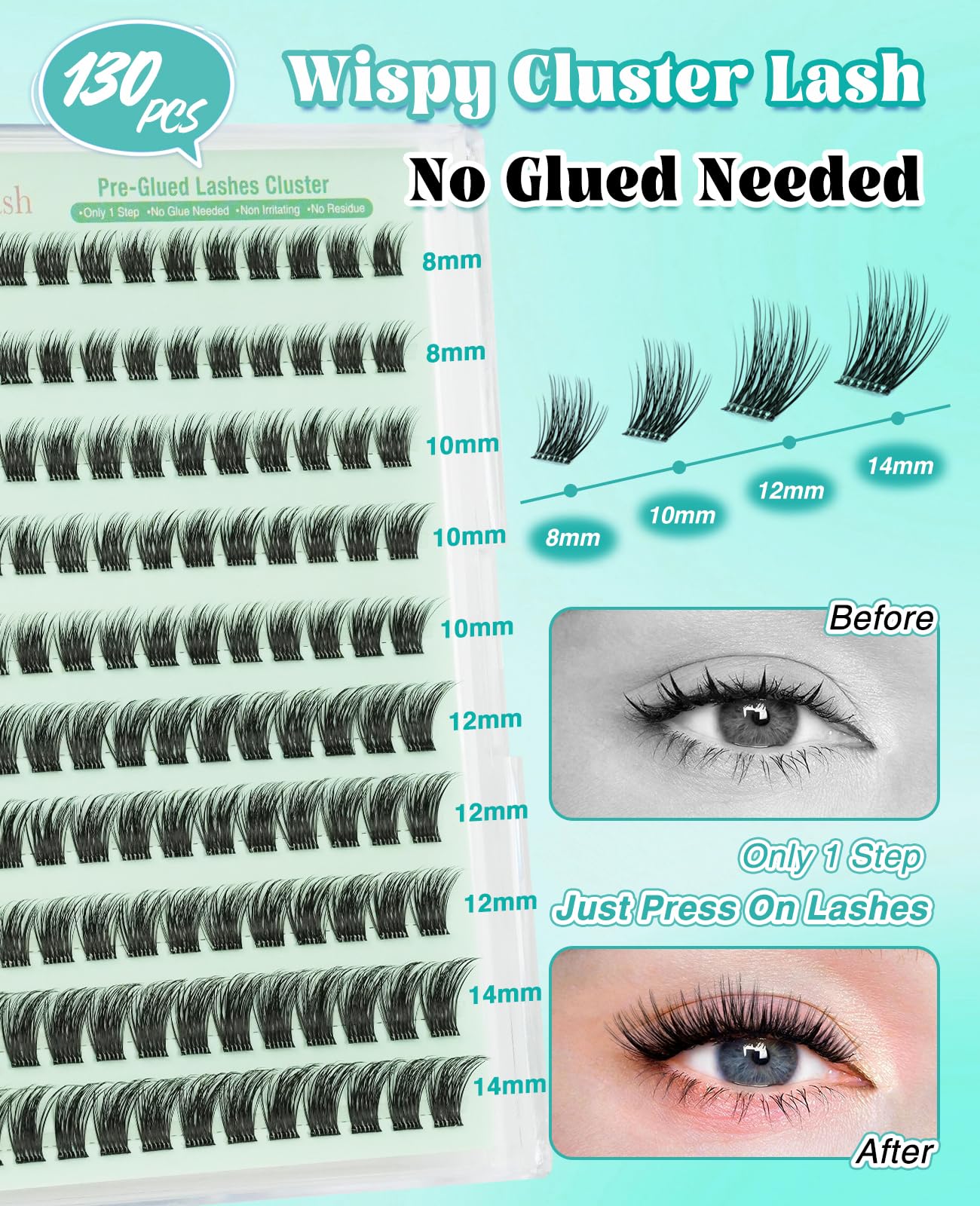 Obeyalash Ciglissime Press E Go Autoadesive 130pcs Cluster Lashes Ciglia Press and Go Ciglissima Wispy C Curl 8-14mix No Glue Eyelashes Self Adhesive Eyelash Natural Stick On Lash Resuable (YLB09)