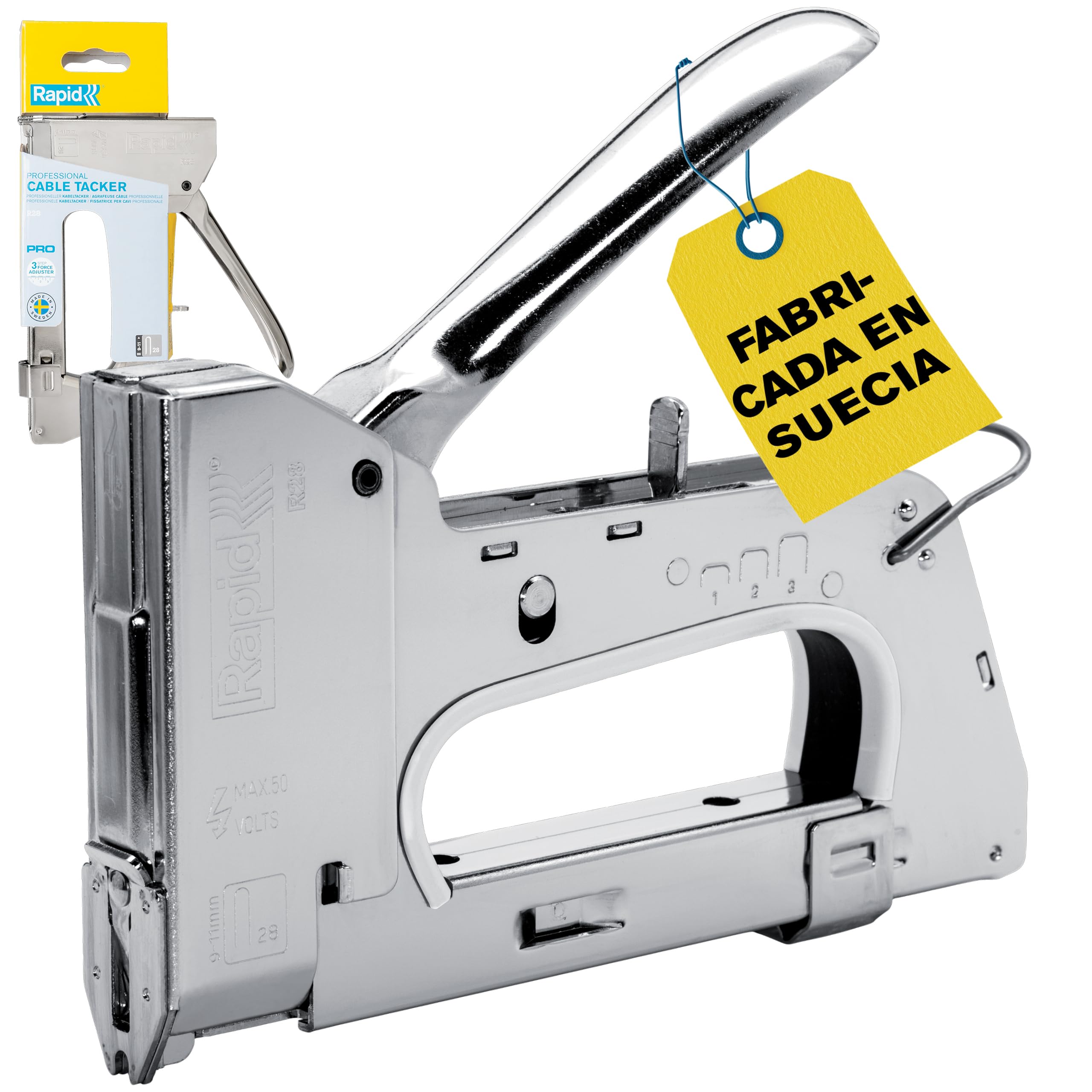 Rapid Grapadora Profesional Manual R28 PRO para Grapas No. 28, Grapadora de Cables con Gatillo Ergonómico, 3 Posiciones Ajustables, Mecanismo y Exterior de Acero, Fabricada en Suecia (5001672)