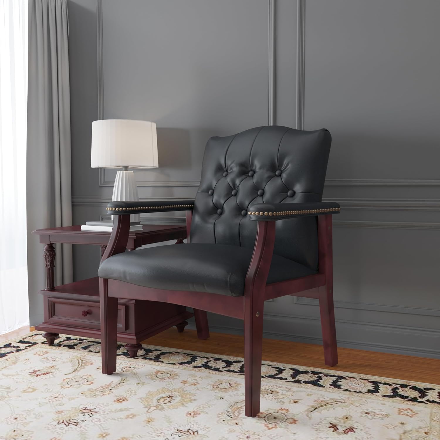 Classic Traditional Button Tufted Black Vinyl Guest Chair with Mahogany Wood Frame