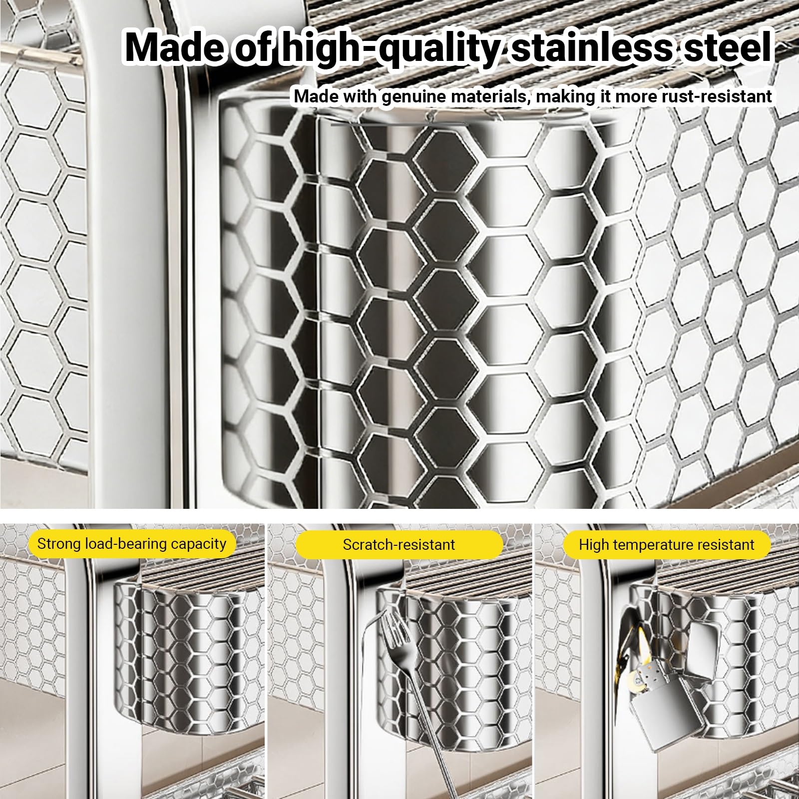 Escurridor de platos de acero inoxidable de 2 niveles sobre el fregadero, escurridor de encimera de cocina con soporte para utensilios para platos, vasos y cubiertos