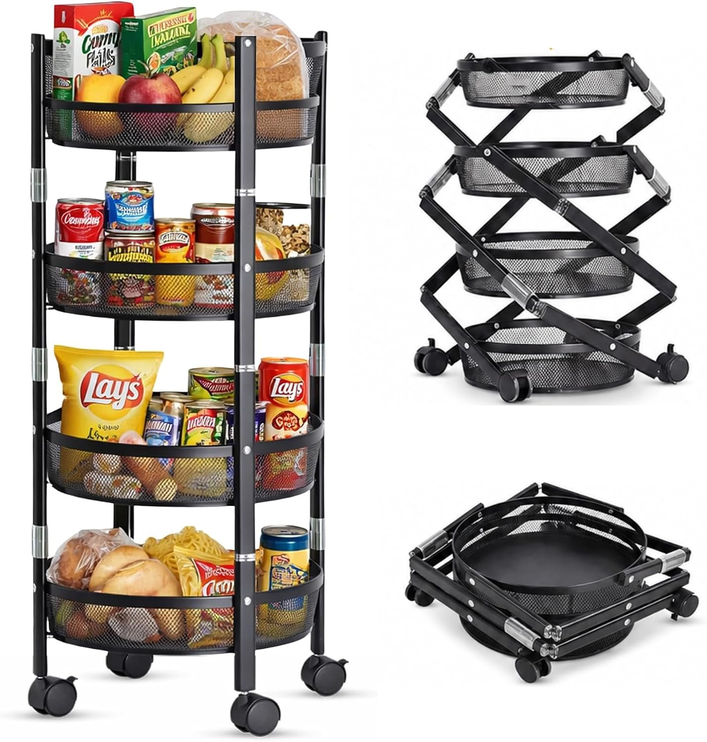 4-Tier Rolling Utility Cart with Wheels, Foldable Storage Cart Organizer, Collapsible Metal Rolling Trolley, Space Saving Kitchen Cart, Bathroom Organizer, Laundry Cart, Office Storage Rack