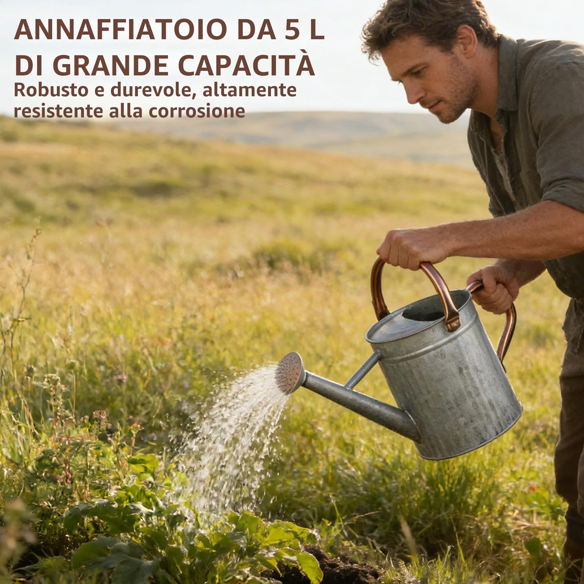 Annaffiatoio in acciaio inossidabile, lattina in metallo da 1, 3 galloni/5 litri - con beccuccio rimovibile e 2 maniglie per interni ed esterni (Argento)