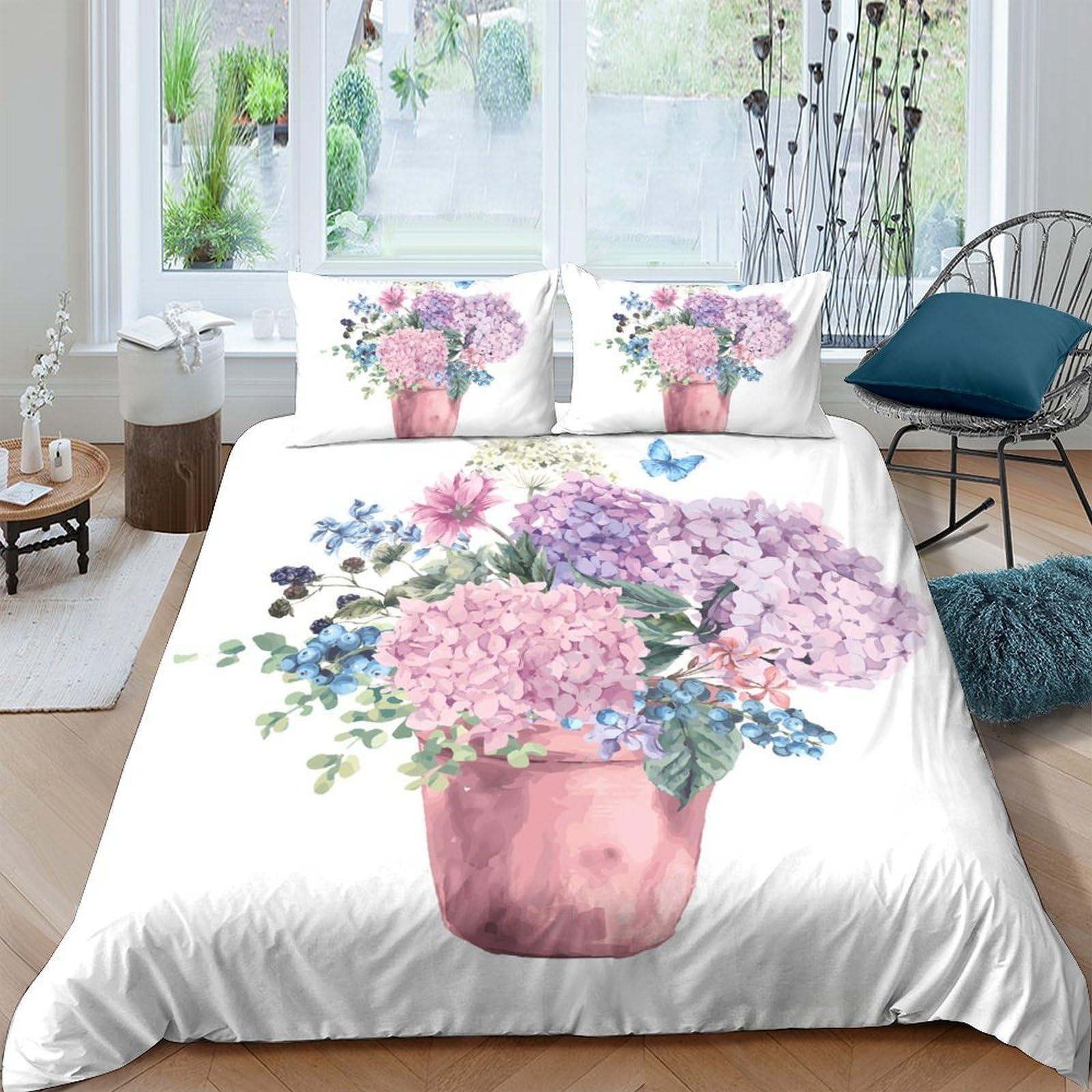 Ctjqhvkz Style-7 3D Printed Pastel Floral Fitted Sheet Microfiber Soft Non-Slip Hydrangea Blossom Bed Cover For Bedroom Guest Room Decor Single（135X200cm）
