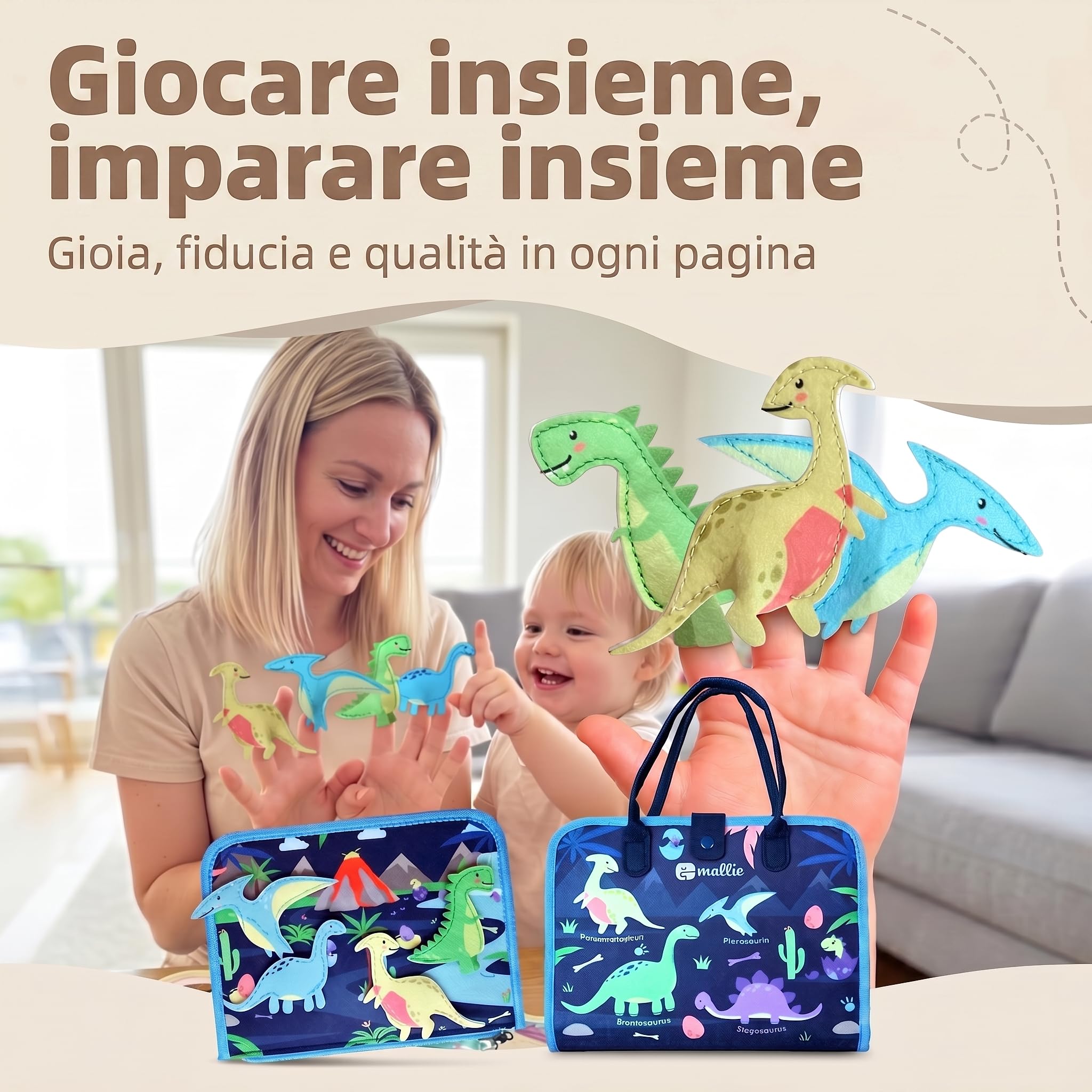 Mallie® Montessori Busy Board in Italiano per 1 2 3 Anni con Gioco di Ruolo e Marionette – Busy Board Montessori 1 Anno, Busy Book, Libro Montessori Interattivo 1 Anno, Libro Interattivo 2 Anni