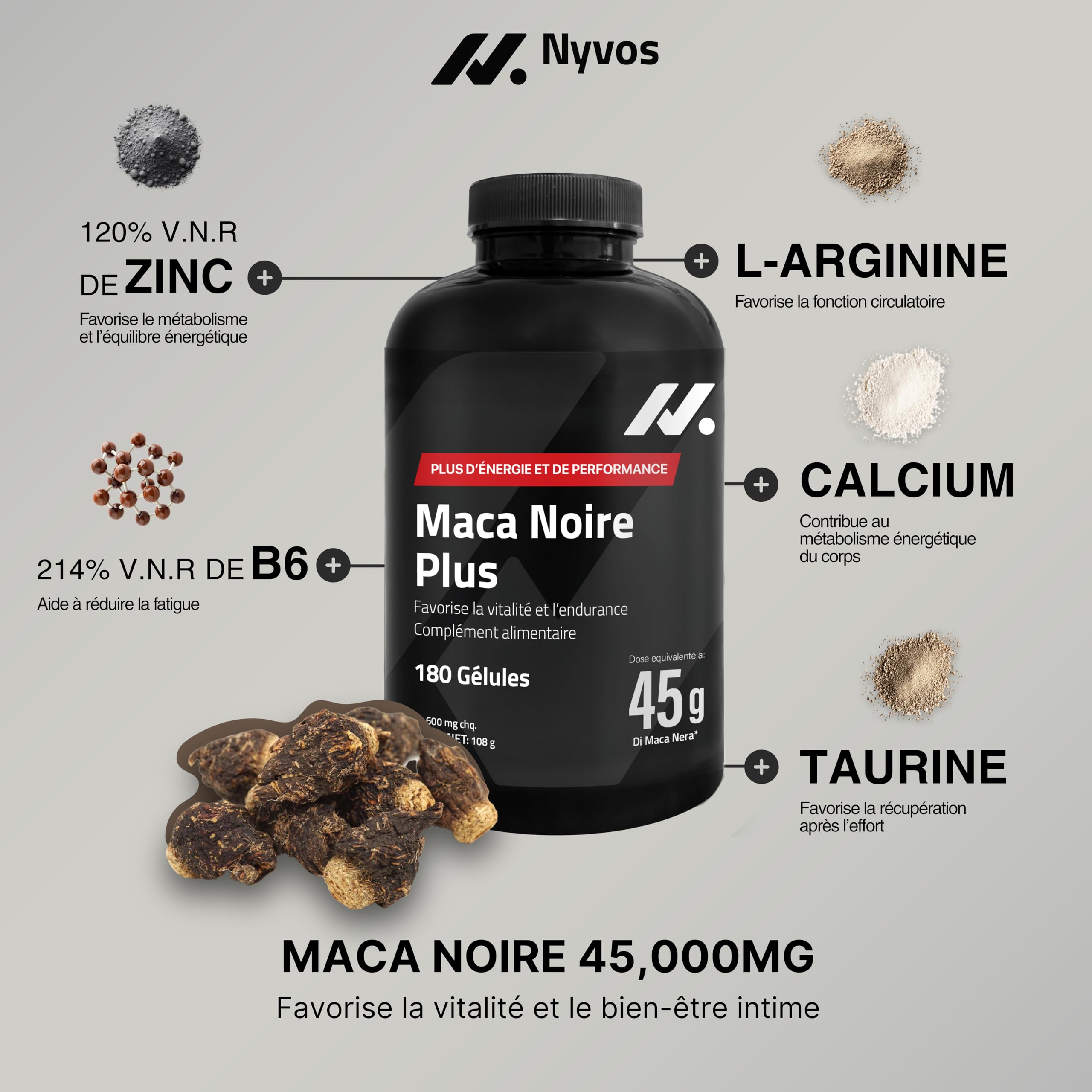 Maca noire 45 000 mg – 180 gélules végétaliennes – Énergie, vitalité et testostérone – Avec L-arginine, taurine, zinc, calcium et vitamine B6 – Qualité et sécurité des produits européens de l'UE