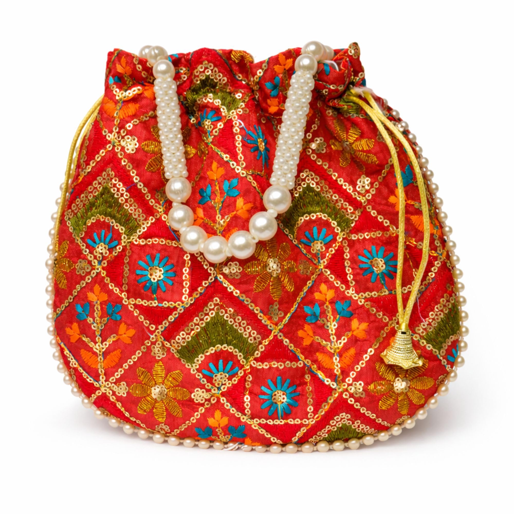 Red Embroidered Pearl Handle Potli Bag-image-24