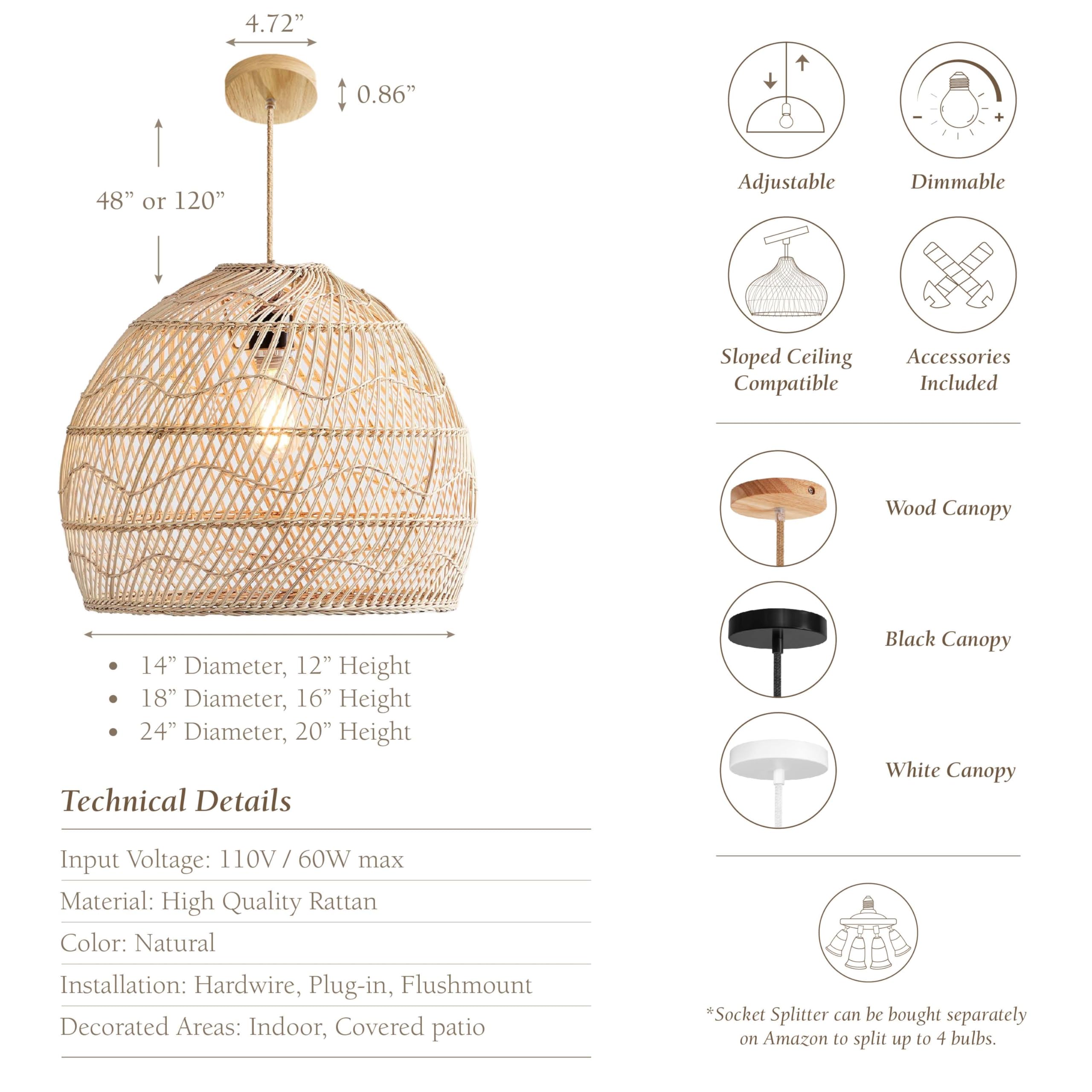 Rowabi Rattan Pendant Light - Bamboo Pendant Light, Boho Lamp, Rattan Furniture, Patio Pendant Light, Farmhouse, Bohemian Lampshade