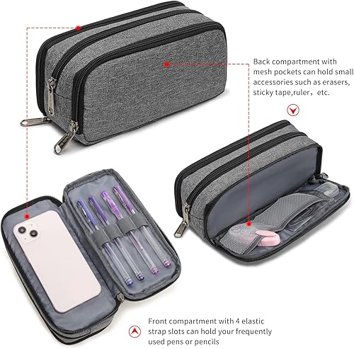 Miniatura 3 de Della Gao - Estuche para lápices de gran capacidad, estético, con 3 compartimentos, de nailon, para bolígrafos, organizador de papelería de oficina,