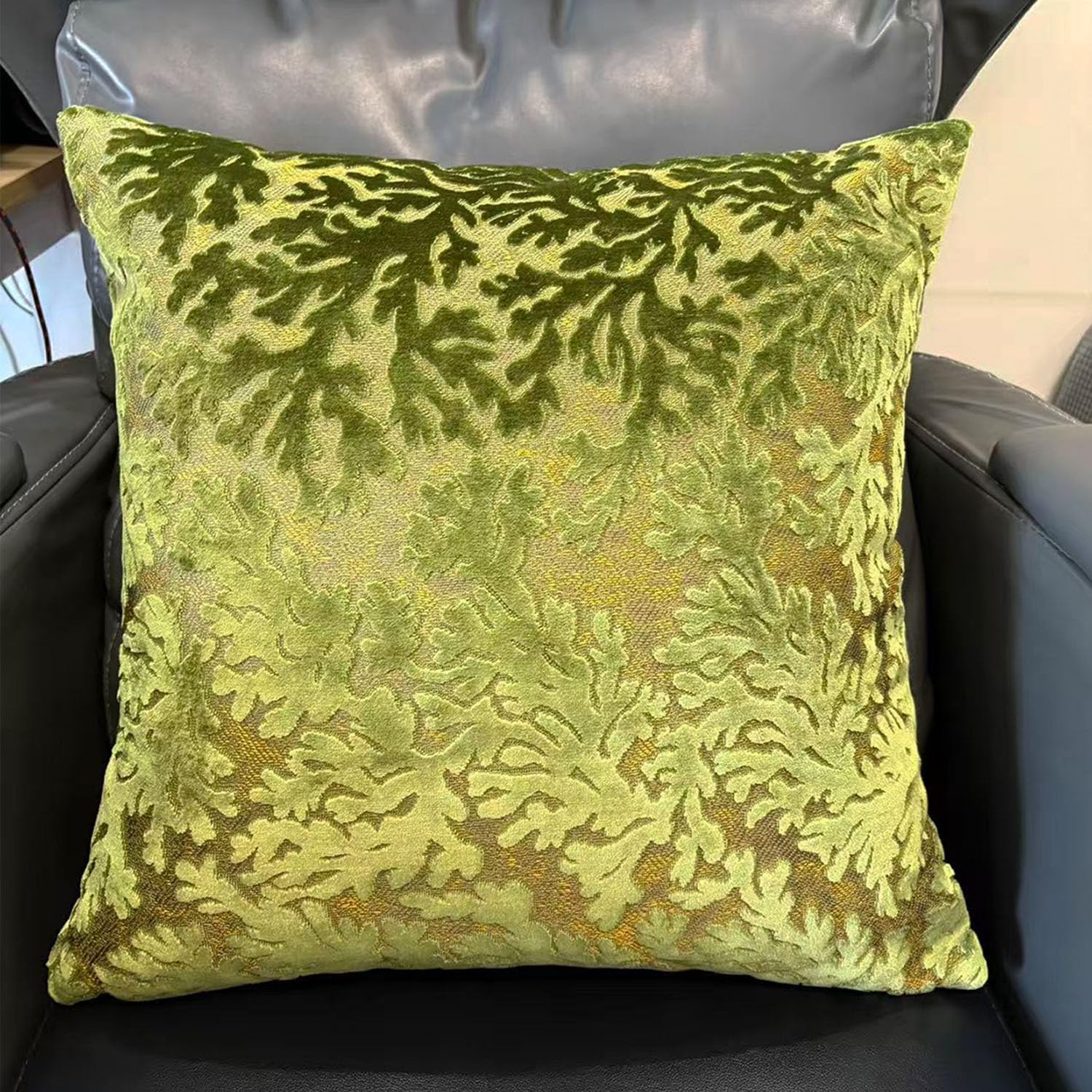 Velvet Throw Pillow Covers 20x20 Inch - Olive Green Textured Double Sided Coral Pattern with Gold Embroidery, Vintage Inspired Luxury Decorative Square Cushion Cases for Sofa, Couch, Bed, Chair