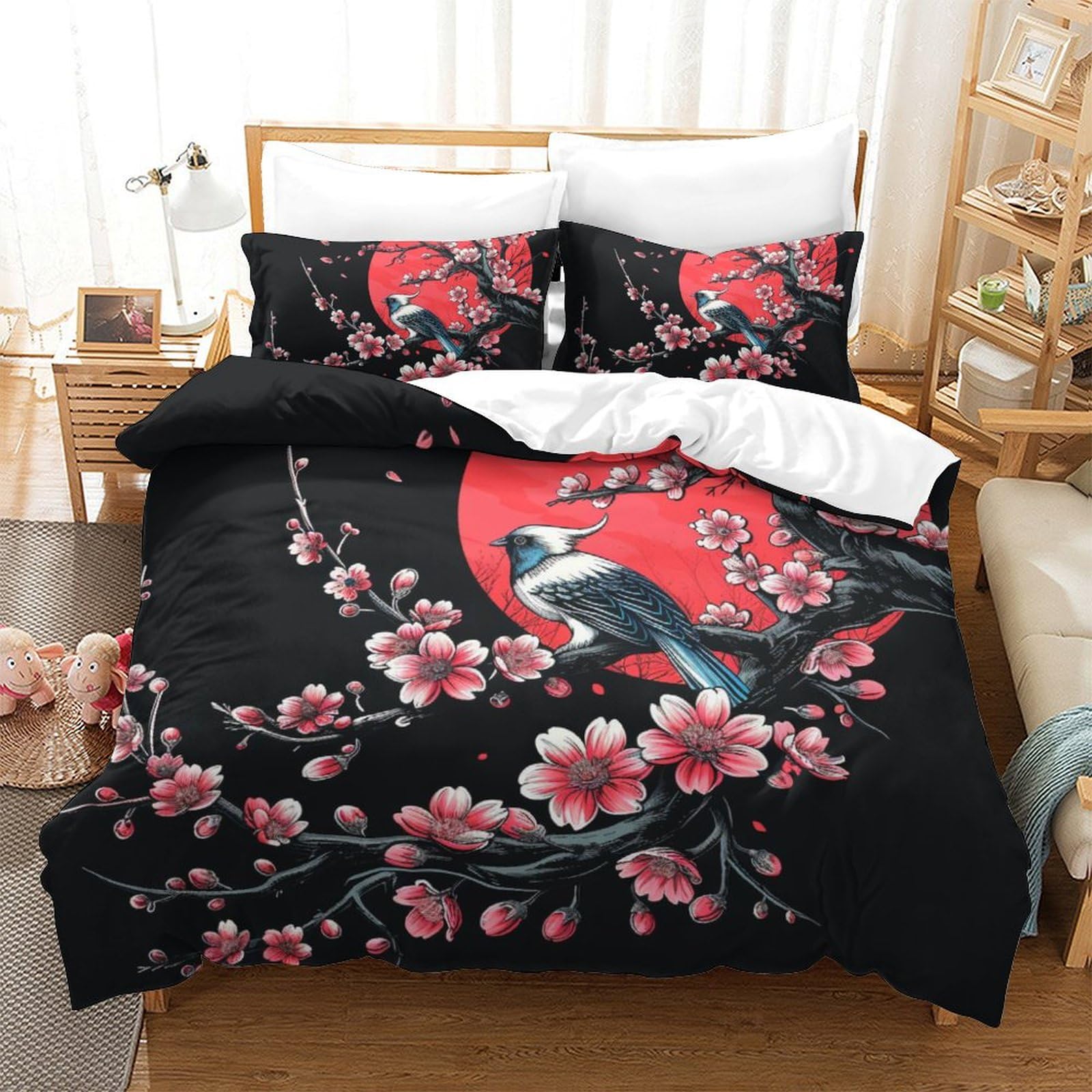 Parure de lit fleurs de cerisier 3D douce housse de couette 220x240 avec fermeture éclair pratique