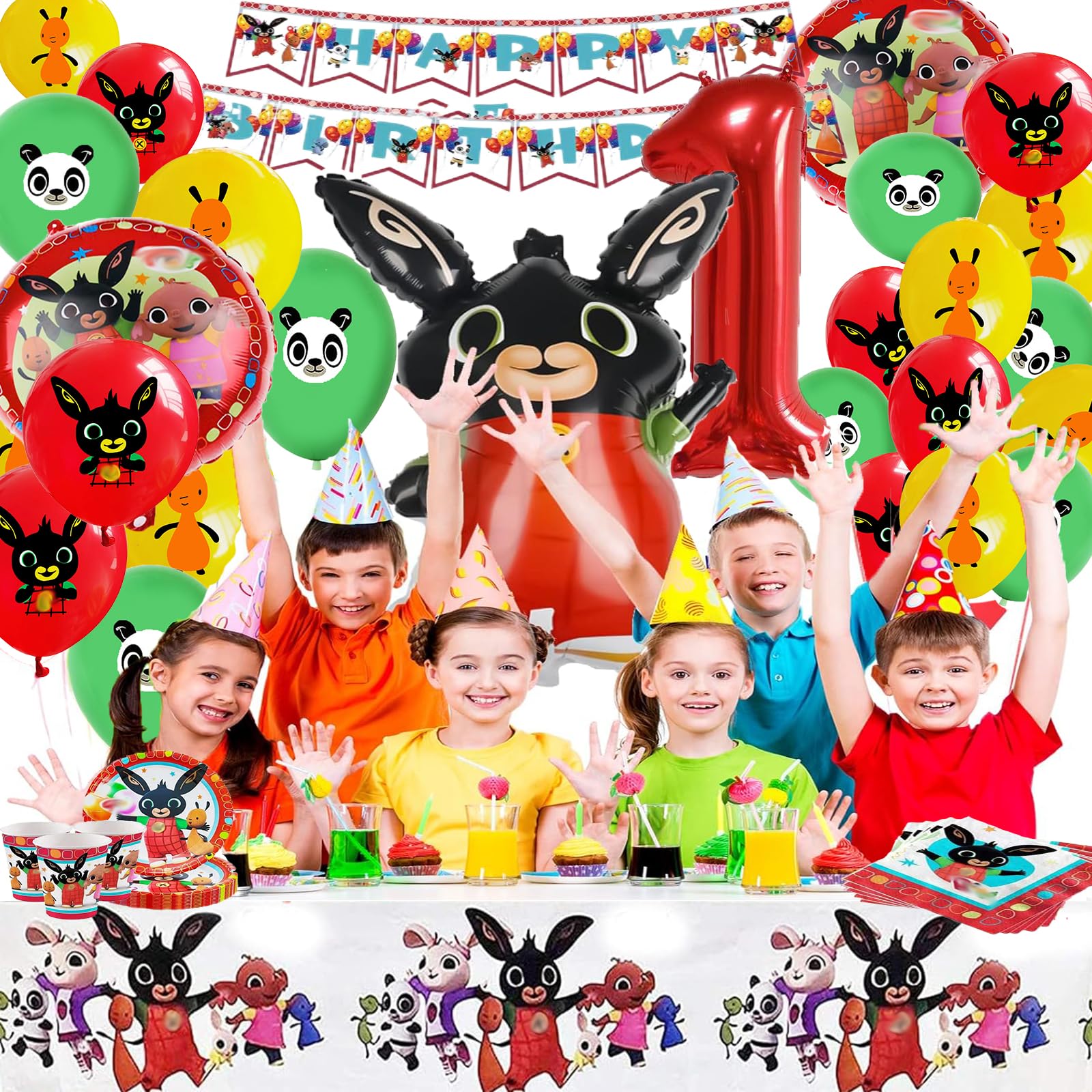Bing Compleanno 1, 101 Pcs Stoviglie esta C-ompleanno, Bing Decorazioni per la tavola del C-ompleanno del Coniglietto, Piatto Bandiera Tovagliolo Tazza Tovaglia per Feste