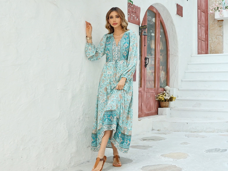 R.Vivimos Women's Long Sleeve Cotton V-Neck Button Up Floral Print Boho  Flowy Midi Dresses (Small, Aqua) at Amazon Women's Clothing store
