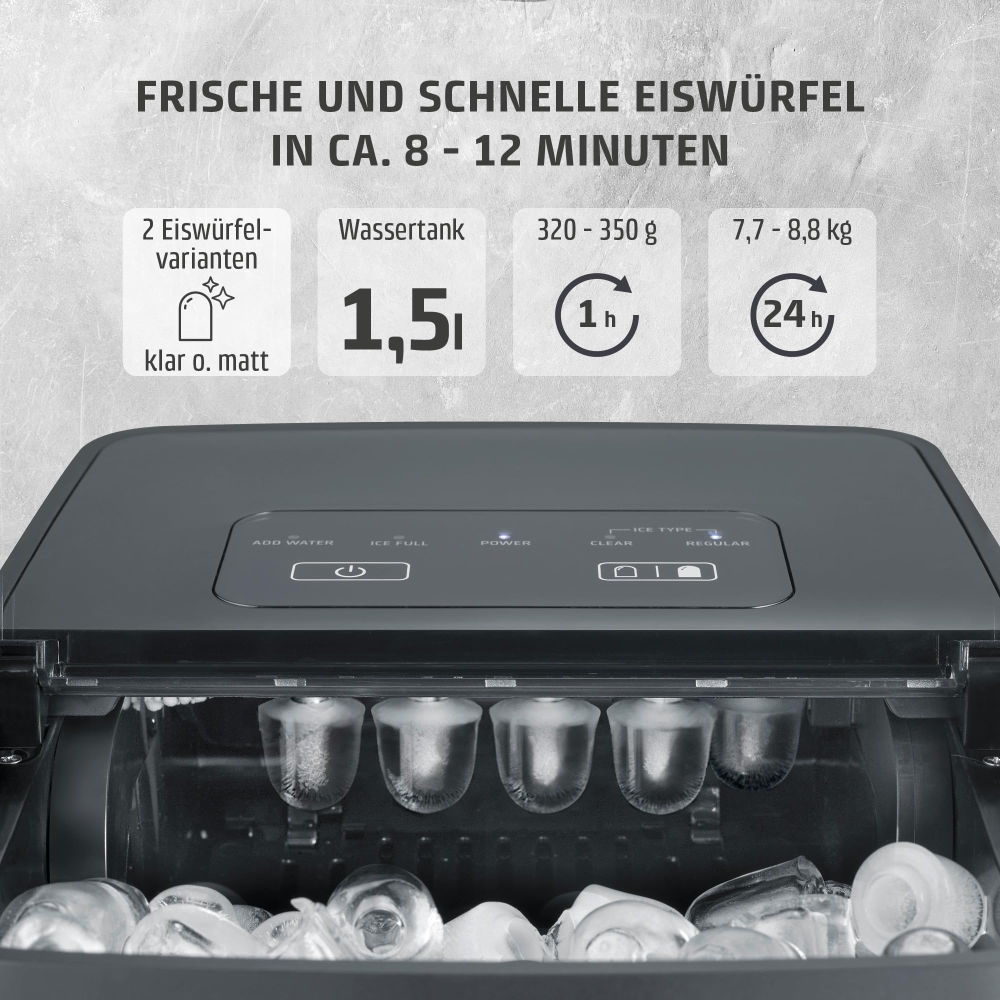 CASO Clear Ice Advanced Eiswürfelbereiter mit Kompressor – Leise 48 dB, klare & matte Eiswürfel, 8–12 Min., 1,5 l Wassertank, Selbstreinigung, matt schwarz