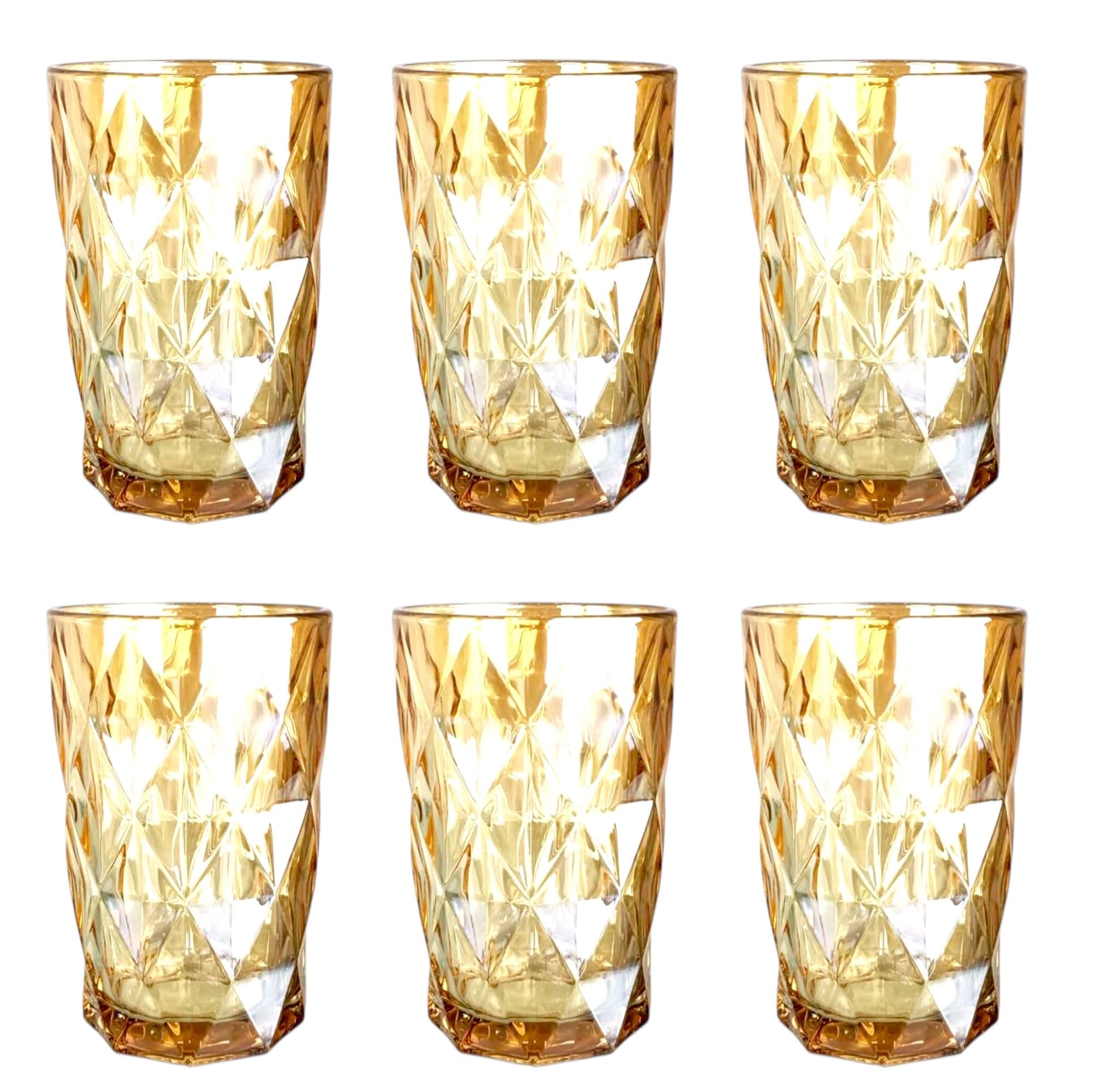Lot de 6 verres à vin et à boire vintage colorés avec motif diamant (Rombus), verres à cocktail avec gaufrage, verre doré brillant