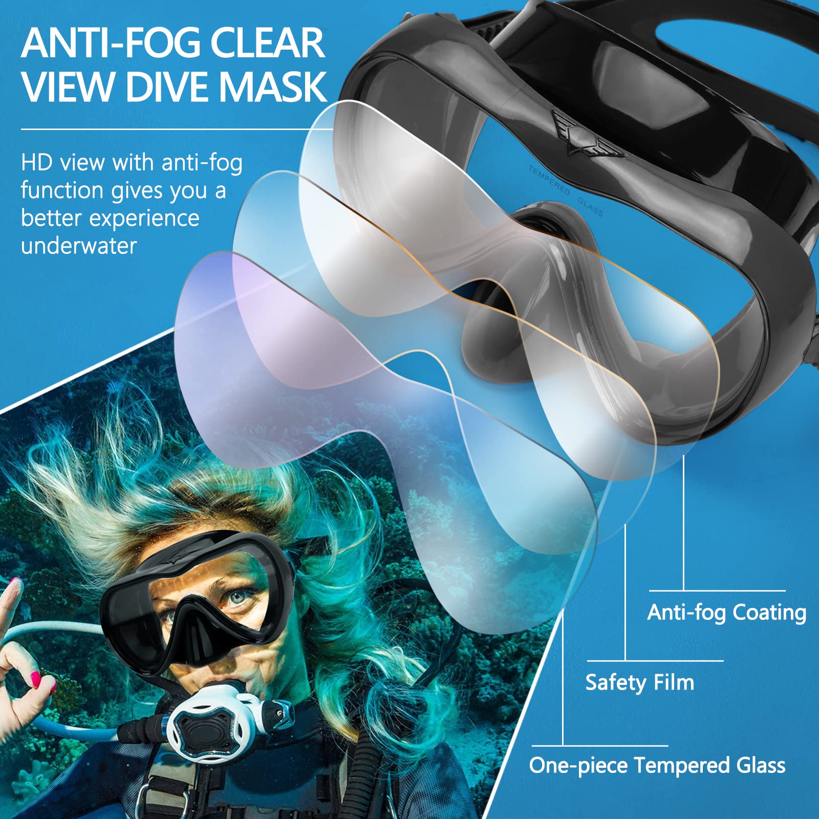 Gafas de natación, gafas de buceo antivaho con cubierta para la nariz, máscara de buceo de silicona antifugas para adultos, máscara de natación de vidrio templado HD de 180 grados para esnórquel con