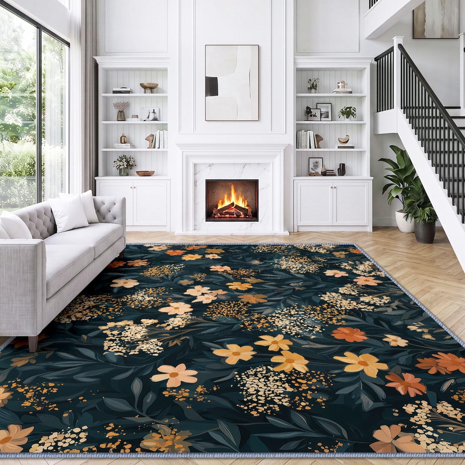 Générique Lavable en Machine Tapis Salon 200x300 cm, Fleur Feuille Antidérapant à Poil Ras Tapis, Impressionniste Rustique Pastoral Écologique pour Salle à Manger Couloir Chambre Bureau