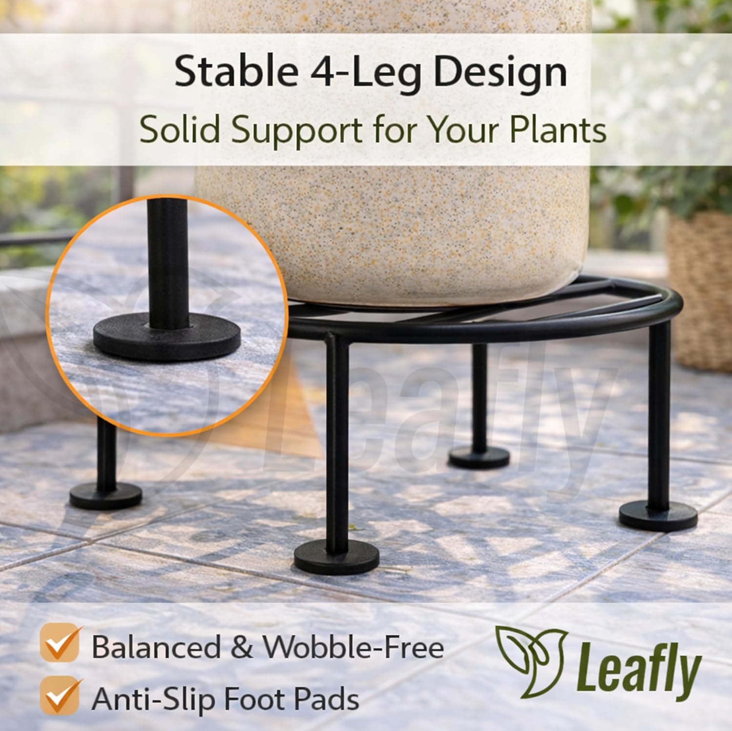 Leafly Plant Round Stand Galvanised Metal Flower Pot Holder Gamla Support Corner Rack Outdoor Display Shelf for Home Garden Balcony Decoration - (Pack of 2, Black)