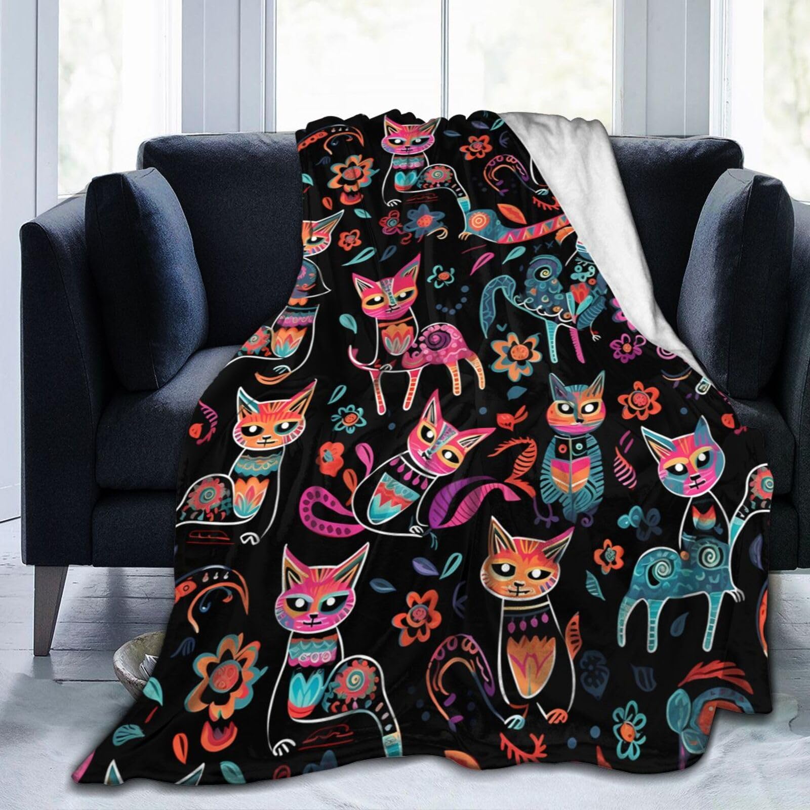Ouqiuwa Dead Cats Floral Throw Blanket Sugar Skull Flowers Plush Microfiber Flannel Fleece Blanket 40"x30" for Bed Sofa Couch Camping Travel