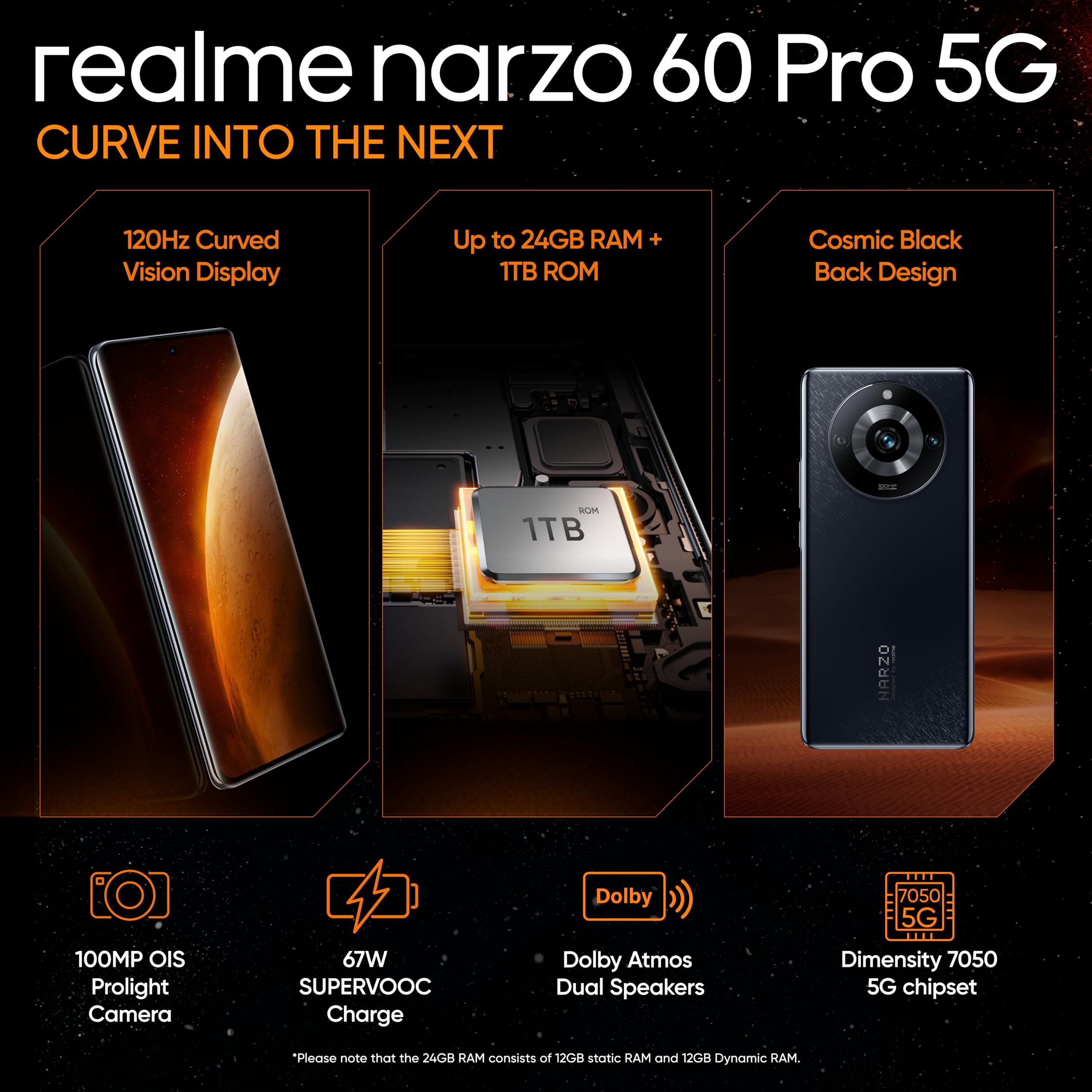 realme narzo 60 Pro (कॉस्मिक ब्लैक, 8GB+128GB) अल्ट्रा स्मूथ 120 Hz सुपर एमोलेड कर्व्ड डिस्प्ले | 100 MP OIS कैमरा : Amazon.in: इलेक्ट्रॉनिक्स