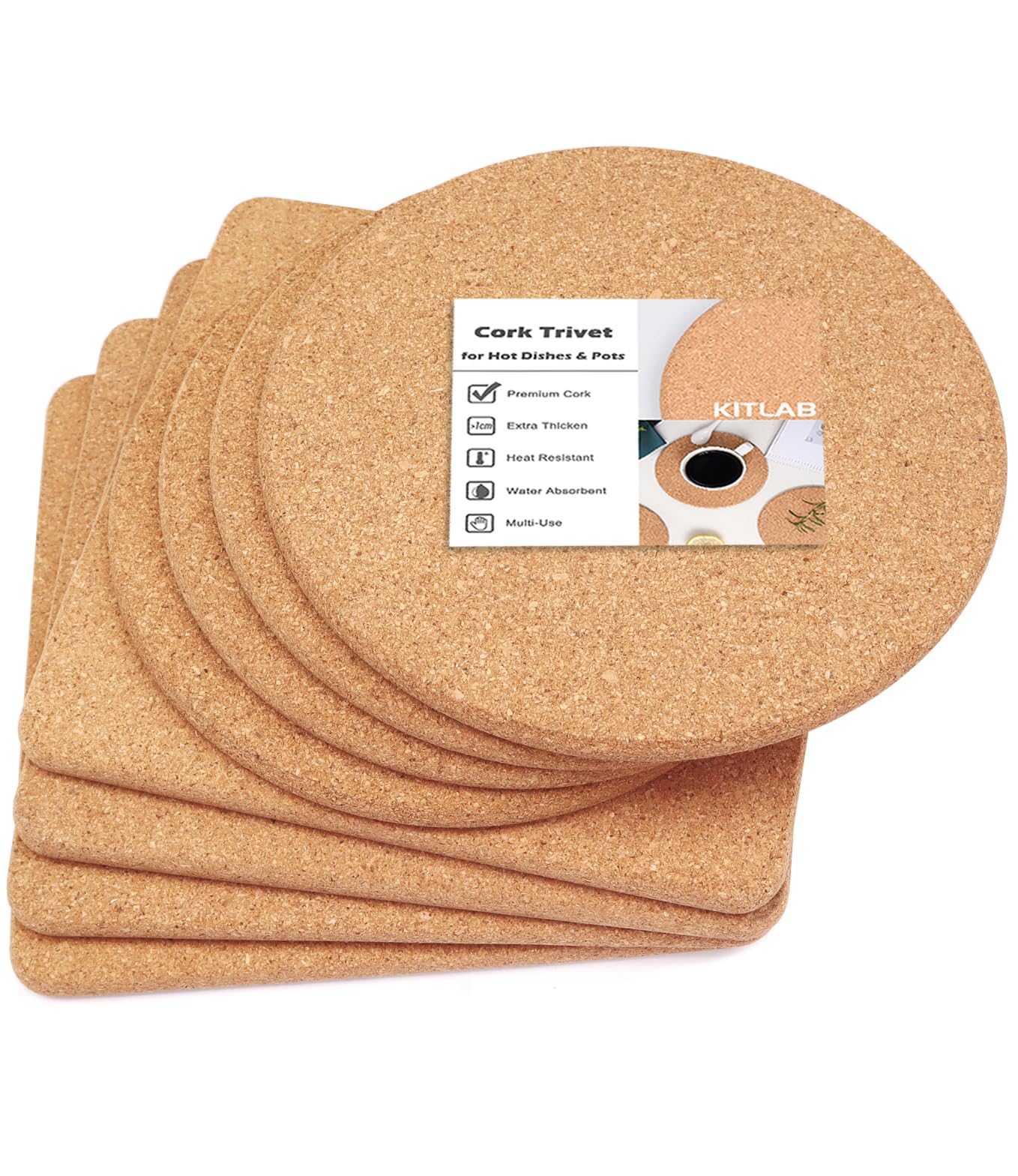 KITLAB Cork Trivet, High Density Fine Particle Thick Cork Trivets for Hot Dishes, 8 Inch Heat Resistant Coaster, Placemats Hot Pads for Pots and Pans,