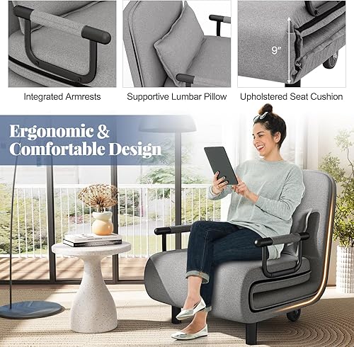 Miniatura 7 de Giantex Sofá cama convertible 3 en 1 plegable con respaldo ajustable de 5 posiciones, ruedas, 2 patas, tumbona reclinable con almohada, sillones