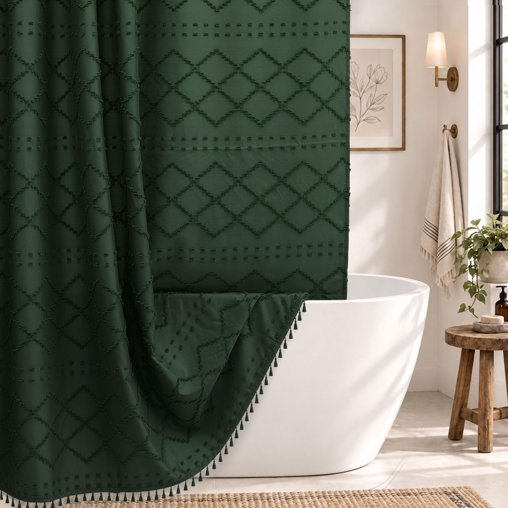 Siiluminisoy Extra Long Dark Green Boho Woven Fabric Cute 84 Inch Shower Curtain, 72 x 84 Tufted Chevron Textured Striped Modern Farmhouse Minimalist Cloth Shower Curtain for Bathroom