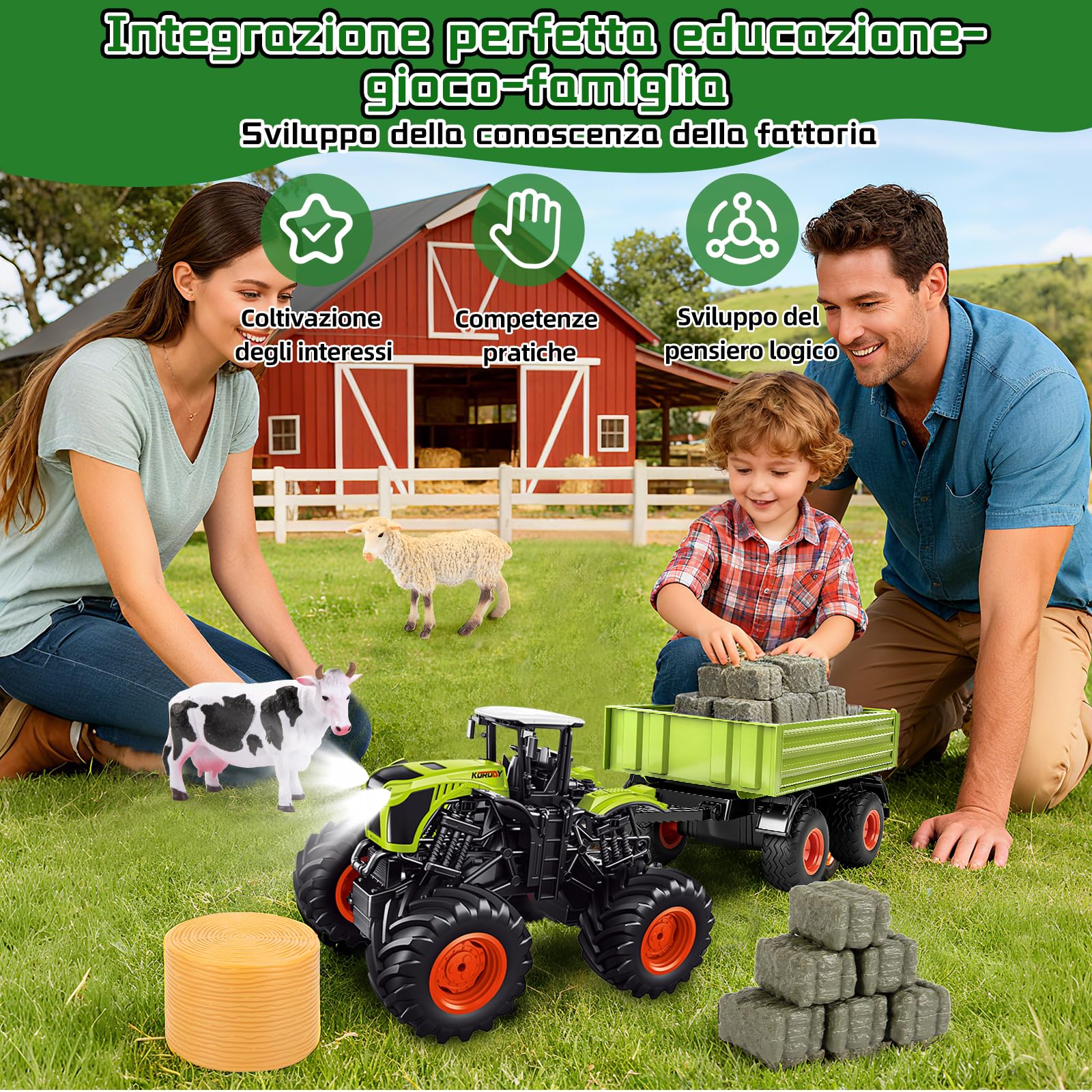 Ulikey RC Trattore Telecomandato per Bambini, 1:16 2,4 GHz Trattore Radiocomandato con Rimorchio, Mucca, Pecora e Pagliaio, Agricolo RC Auto con Musica Luci LED per Bambini di 4 5 6 7 8 anni