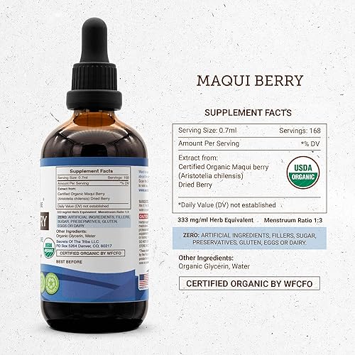 Miniatura 8 de Secrets of the Tribe Maqui Berry USDA Organic  Extracto sin alcohol, gotas de hierbas de alta potencia  Hecho de bayas secas 100% orgánicas