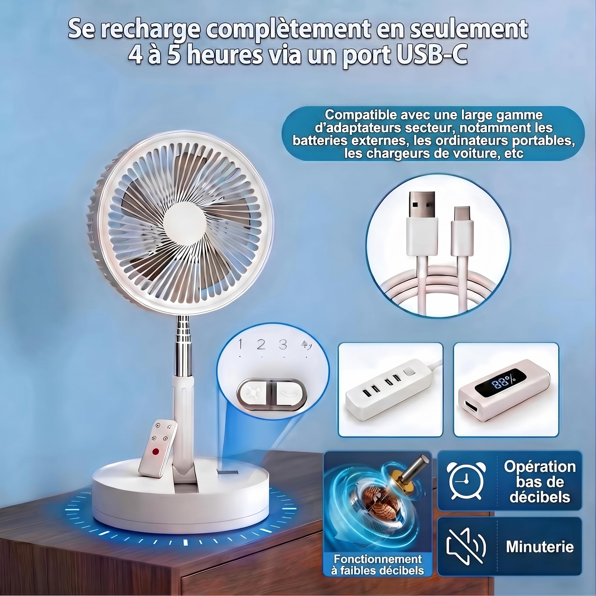 8 Zoll Faltbarer Ventilator mit Fernbedienung, 8000mAh Akku USB Standventilator, 22dB Leise Tischventilator Weiß
