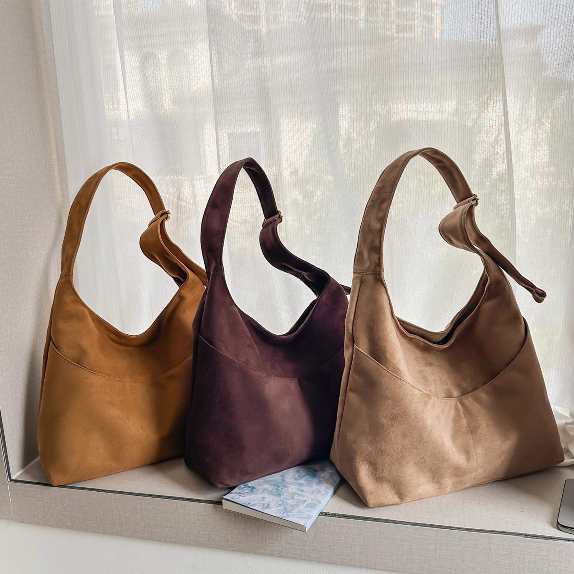 JANSBEN Wildleder Handtasche Damen Groß Shopper Tasche Damen Schultertasche Suede Hobo Bag Umhängetasche für Freizeit, Arbeit, Reisen