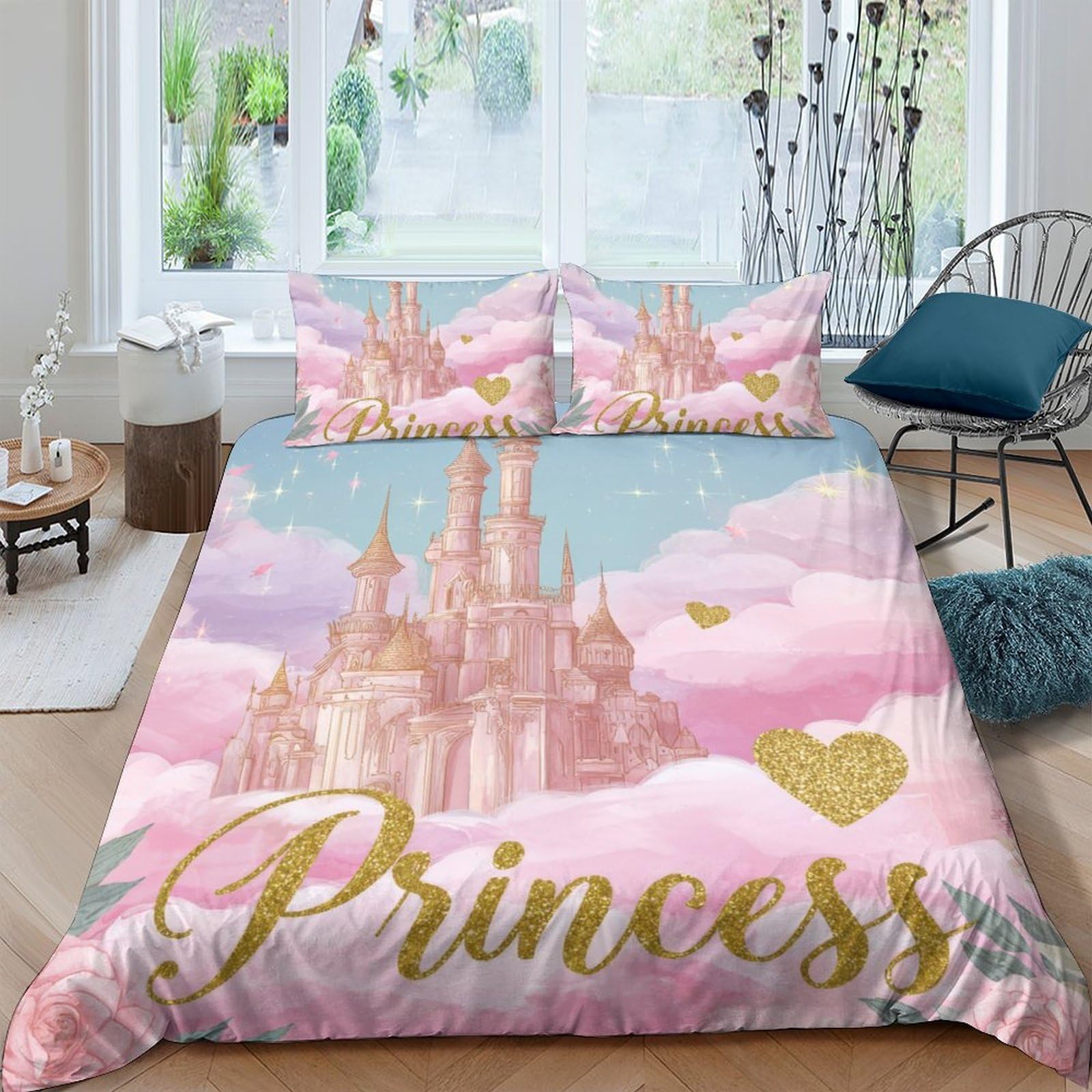 Ctjqhvkz Style-7 3D Printed Pink Castle Princess Fitted Sheet Microfiber Soft Bedroom Decor Gold Heart Mattress Cover Single（135X200cm）