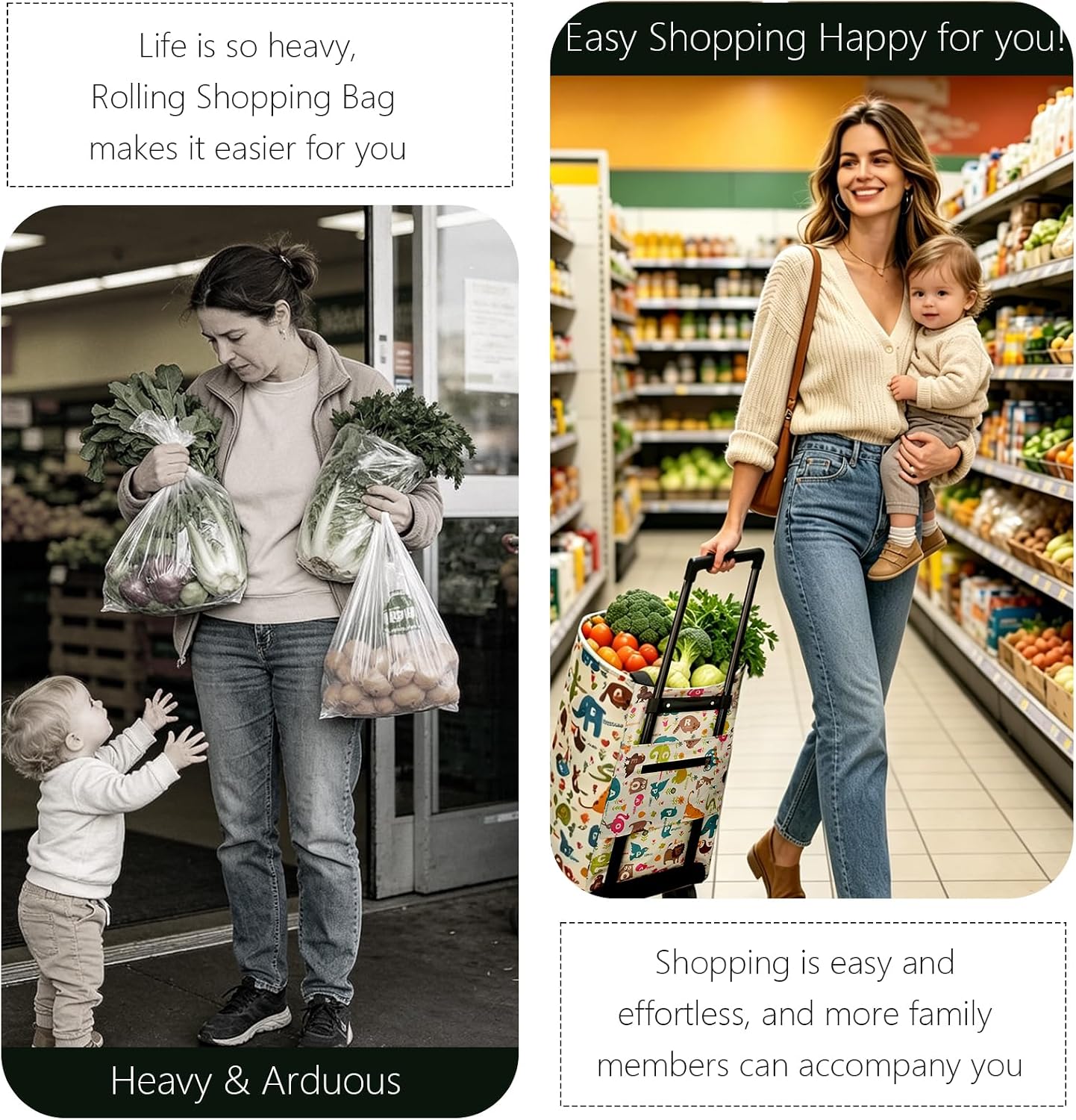 Small Shopping Cart with Wheels，Foldable Rolling Bag，Suitable for Purchasing and Transporting Daily Groceries, and Giving Thoughtful Gifts to Family Members (White Animal)