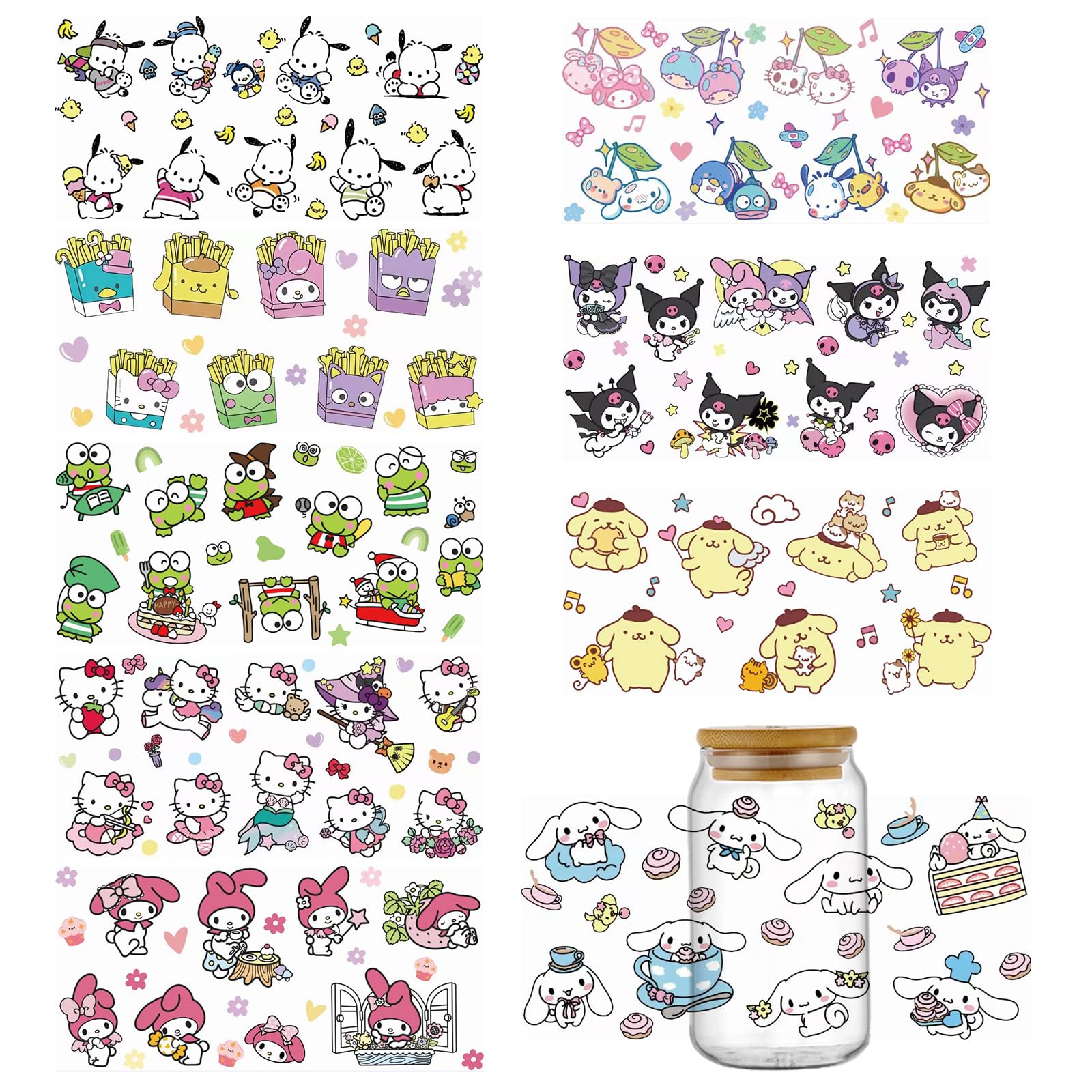 YOKUSHI UV DTF Cup Wraps for 16 OZ, 9 Sheets Cute Cartoon Theme Decals UV DTF Cup Wraps Transfer Stickers for Glass Cups Tumblers (Cartoon-1)