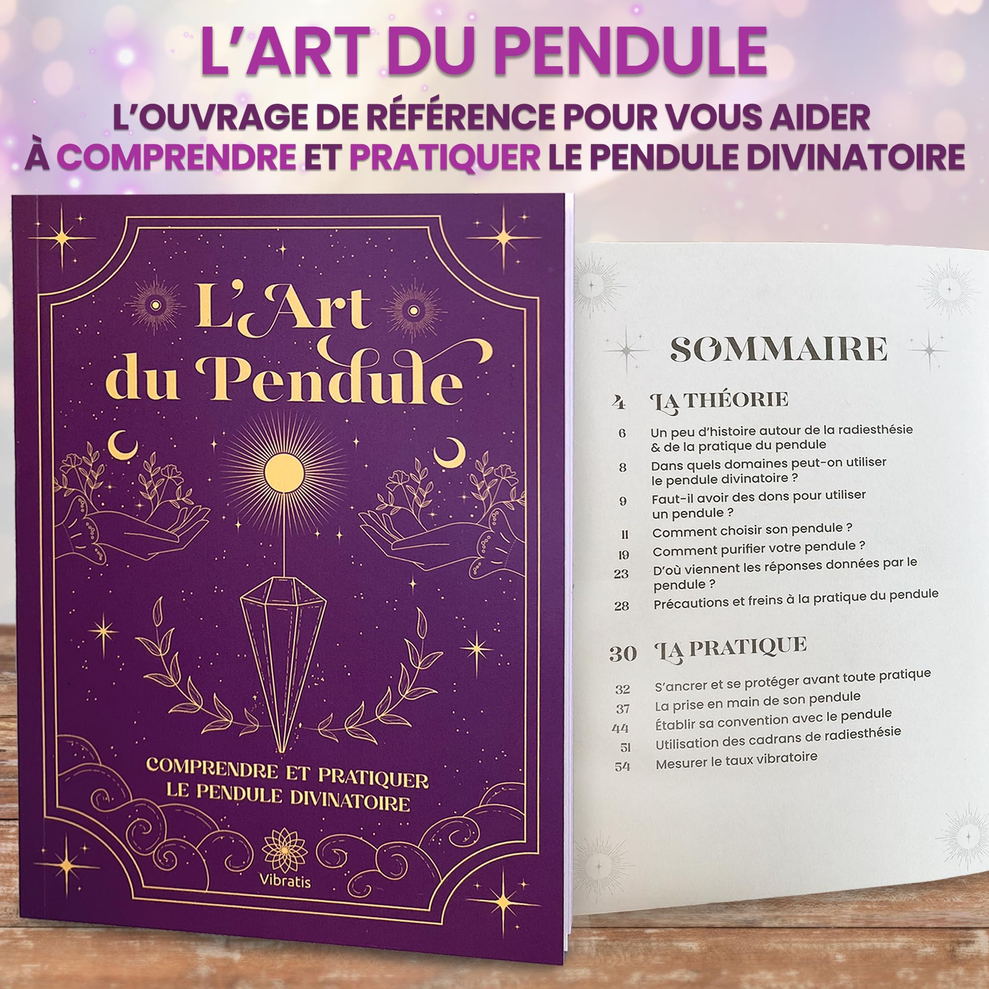 VIBRATIS Coffret d'Initiation au Pendule Divinatoire : 19 Planches de Radiesthésie, Livre Complet, Pendule Divinatoire Offert et Fleur de Vie pour Purifier le Pendule